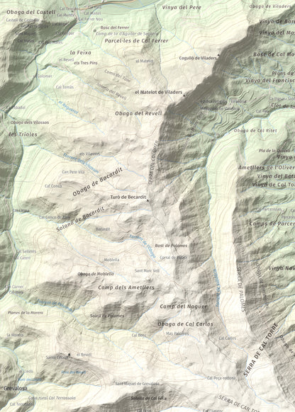 Mapa de relieve de Cogulló de Cal Torre, 881 m, Bages, lámina 100 Cims de Trobart. Detalle de la zona superior izquierda. 50 × 70 cm.
