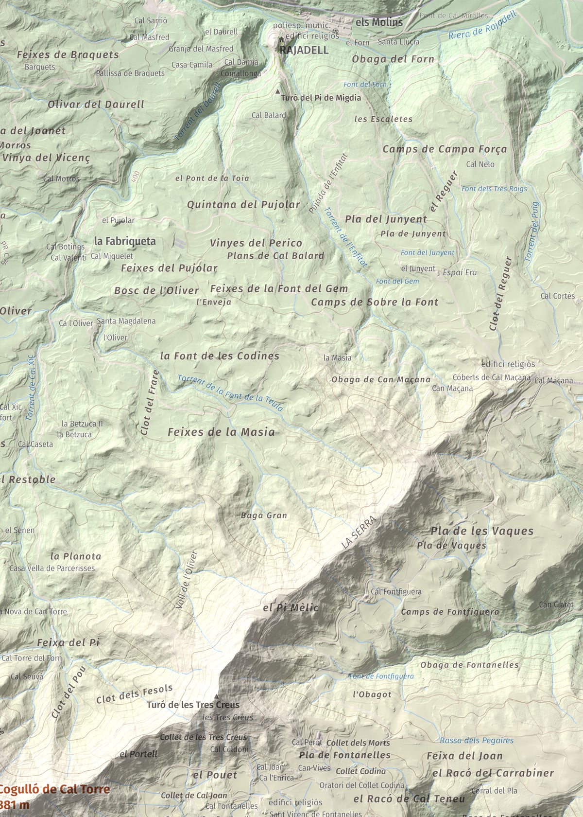 Mapa de relieve de Cogulló de Cal Torre, 881 m, Bages, lámina 100 Cims de Trobart. Detalle de la zona superior derecha. 50 × 70 cm.