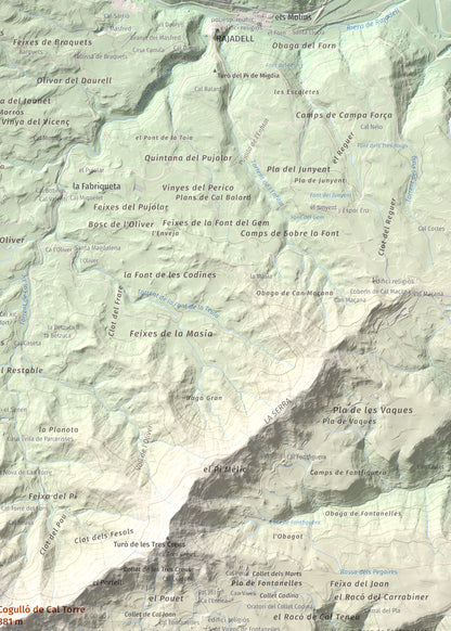 Mapa de relieve de Cogulló de Cal Torre, 881 m, Bages, lámina 100 Cims de Trobart. Detalle de la zona superior derecha. 50 × 70 cm.