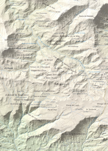 Mapa de relieve de Cogulló de Cal Torre, 881 m, Bages, lámina 100 Cims de Trobart. Detalle de la zona inferior izquierda. 50 × 70 cm.