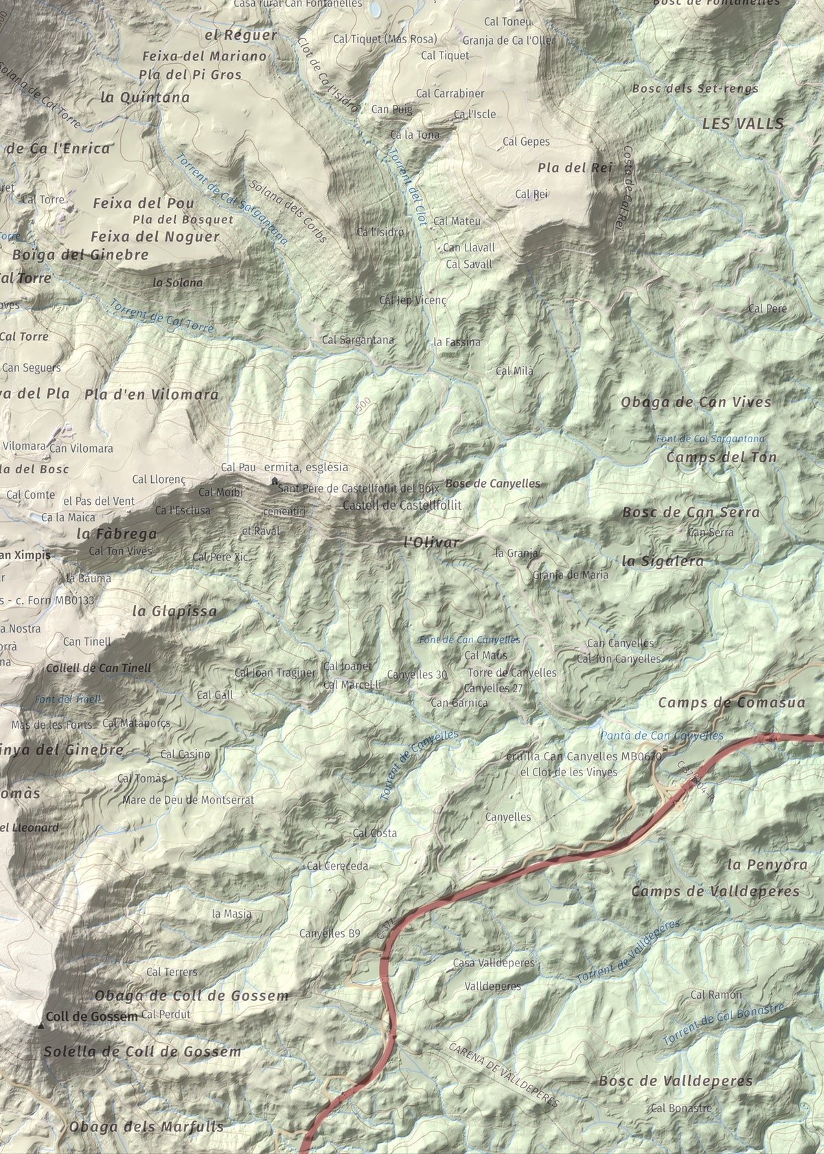 Mapa de relieve de Cogulló de Cal Torre, 881 m, Bages, lámina 100 Cims de Trobart. Detalle de la zona inferior derecha. 50 × 70 cm.