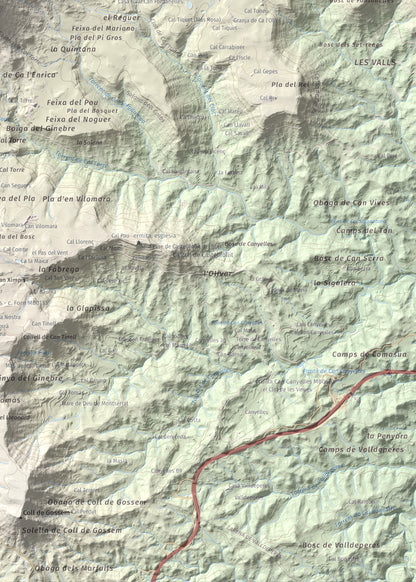 Mapa de relieve de Cogulló de Cal Torre, 881 m, Bages, lámina 100 Cims de Trobart. Detalle de la zona inferior derecha. 50 × 70 cm.