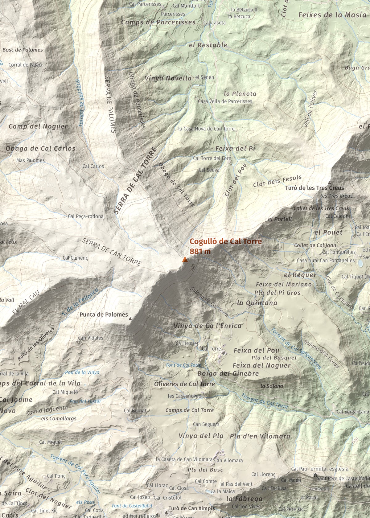 Mapa de relieve de Cogulló de Cal Torre, 881 m, Bages, lámina 100 Cims de Trobart. Detalle de la zona central. 50 × 70 cm.