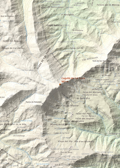 Mapa de relieve de Cogulló de Cal Torre, 881 m, Bages, lámina 100 Cims de Trobart. Detalle de la zona central. 50 × 70 cm.