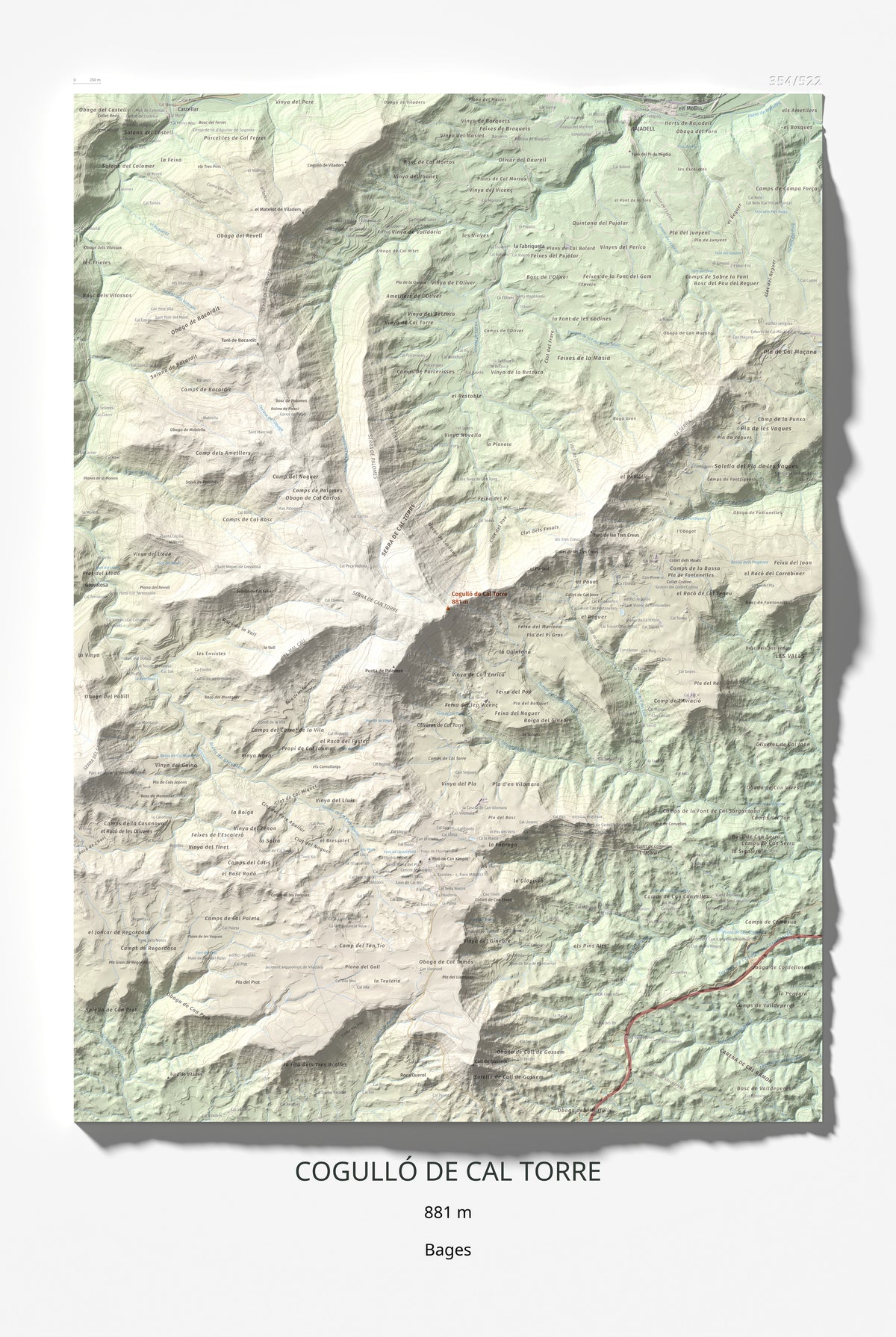 Mapa de relieve de Cogulló de Cal Torre, 881 m, Bages, lámina 100 Cims de Trobart 61 × 91 cm.