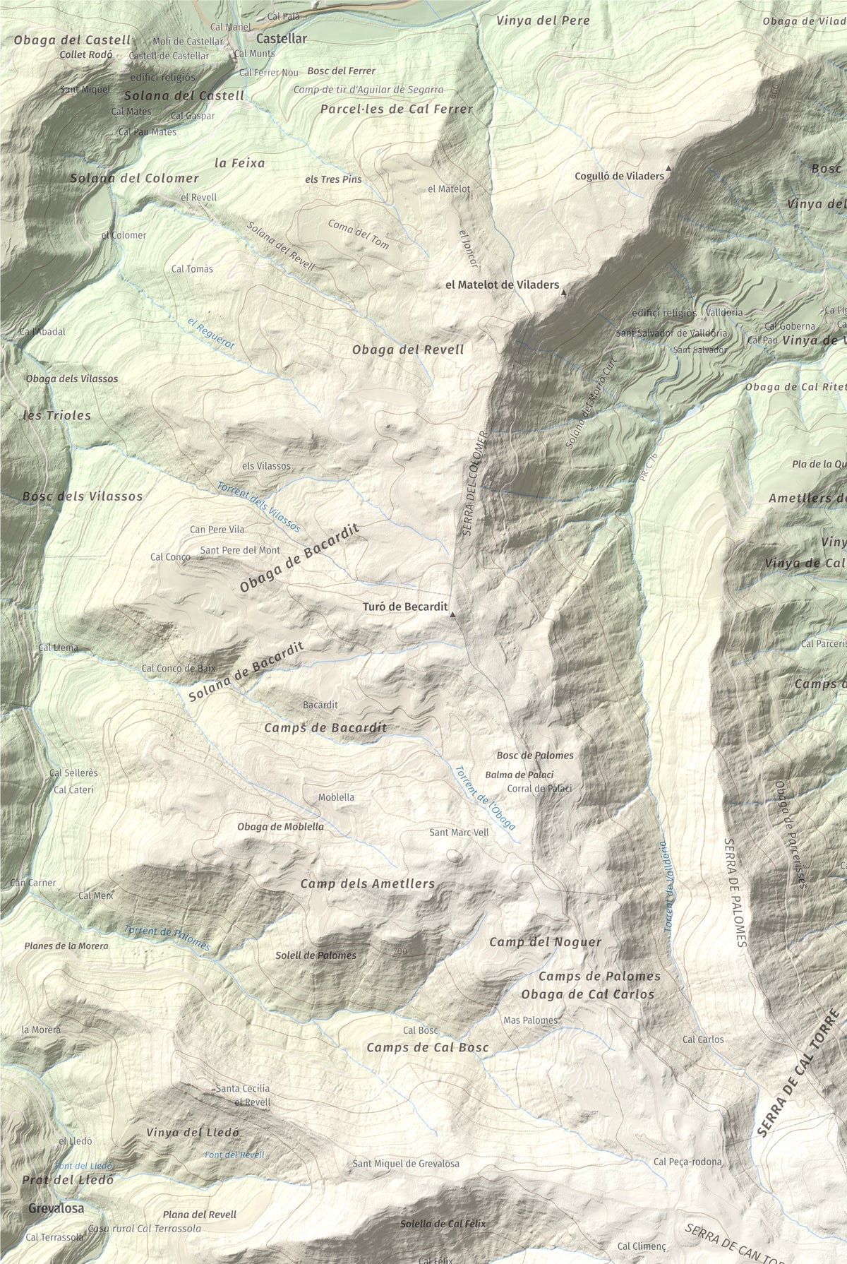Mapa de relieve de Cogulló de Cal Torre, 881 m, Bages, lámina 100 Cims de Trobart. Detalle de la zona superior izquierda. 61 × 91 cm.