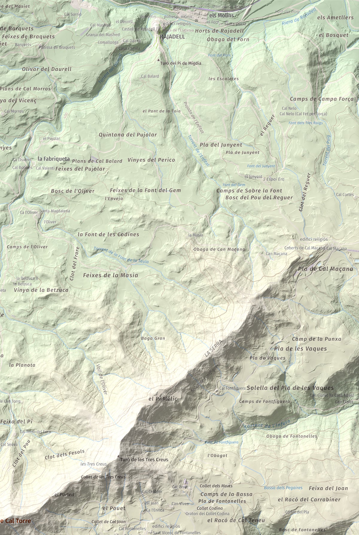 Mapa de relieve de Cogulló de Cal Torre, 881 m, Bages, lámina 100 Cims de Trobart. Detalle de la zona superior derecha. 61 × 91 cm.