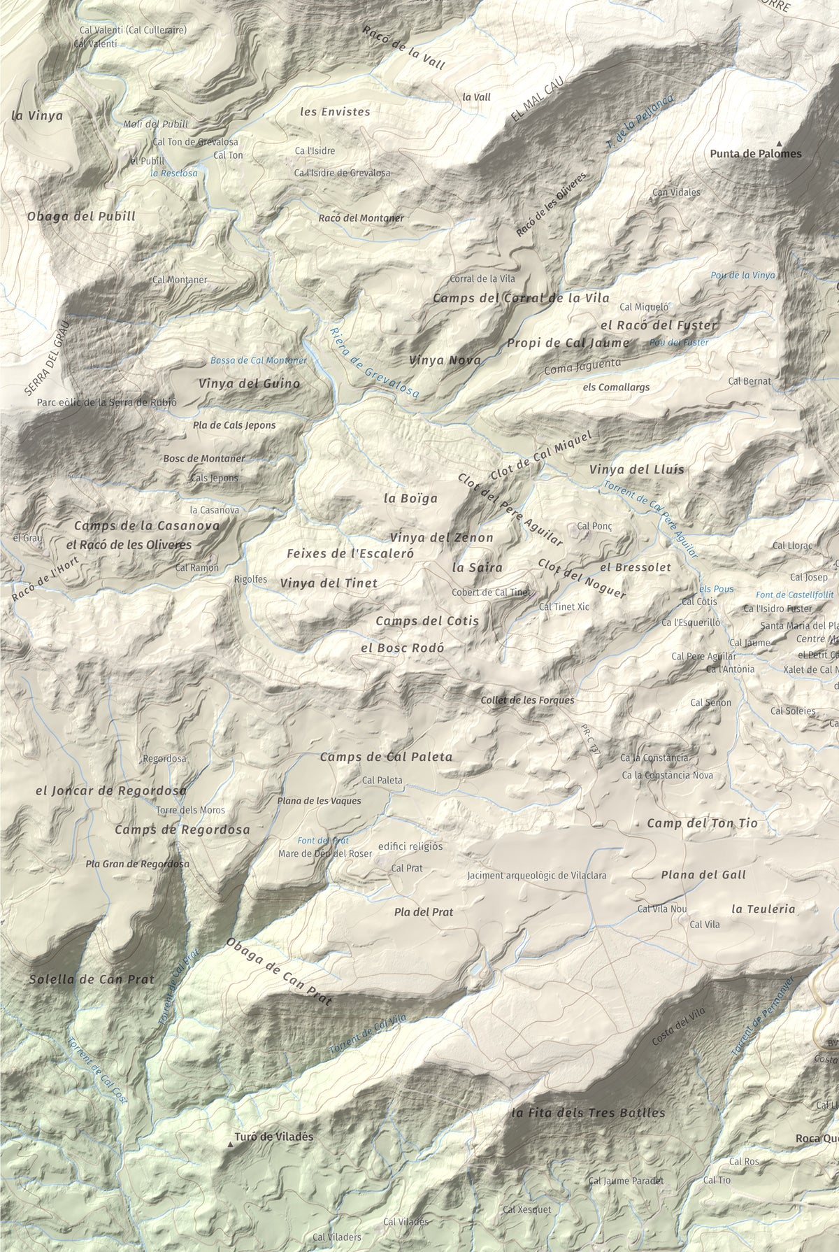 Mapa de relieve de Cogulló de Cal Torre, 881 m, Bages, lámina 100 Cims de Trobart. Detalle de la zona inferior izquierda. 61 × 91 cm.