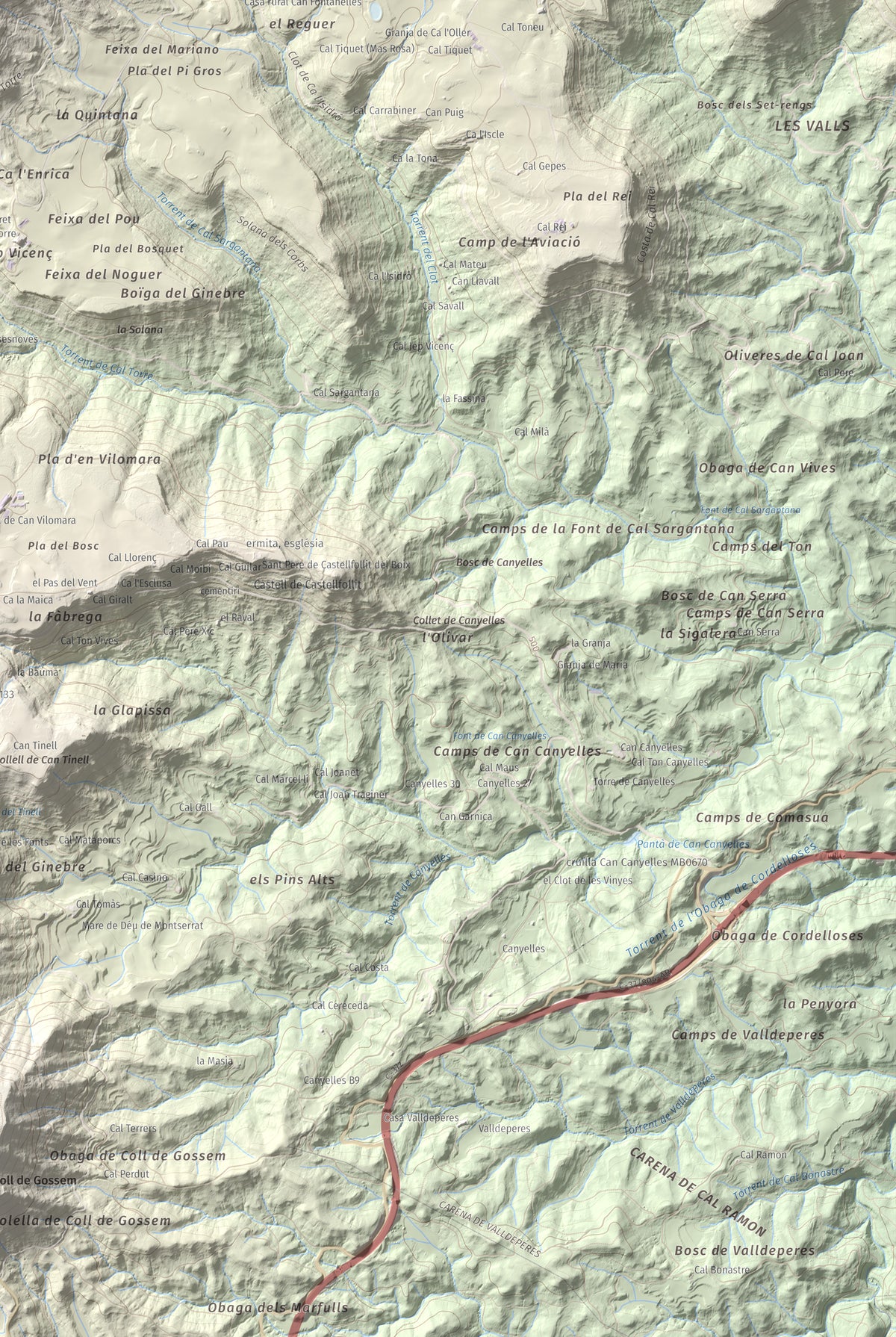Mapa de relieve de Cogulló de Cal Torre, 881 m, Bages, lámina 100 Cims de Trobart. Detalle de la zona inferior derecha. 61 × 91 cm.