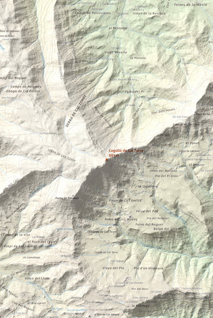 Mapa de relieve de Cogulló de Cal Torre, 881 m, Bages, lámina 100 Cims de Trobart. Detalle de la zona central. 61 × 91 cm.