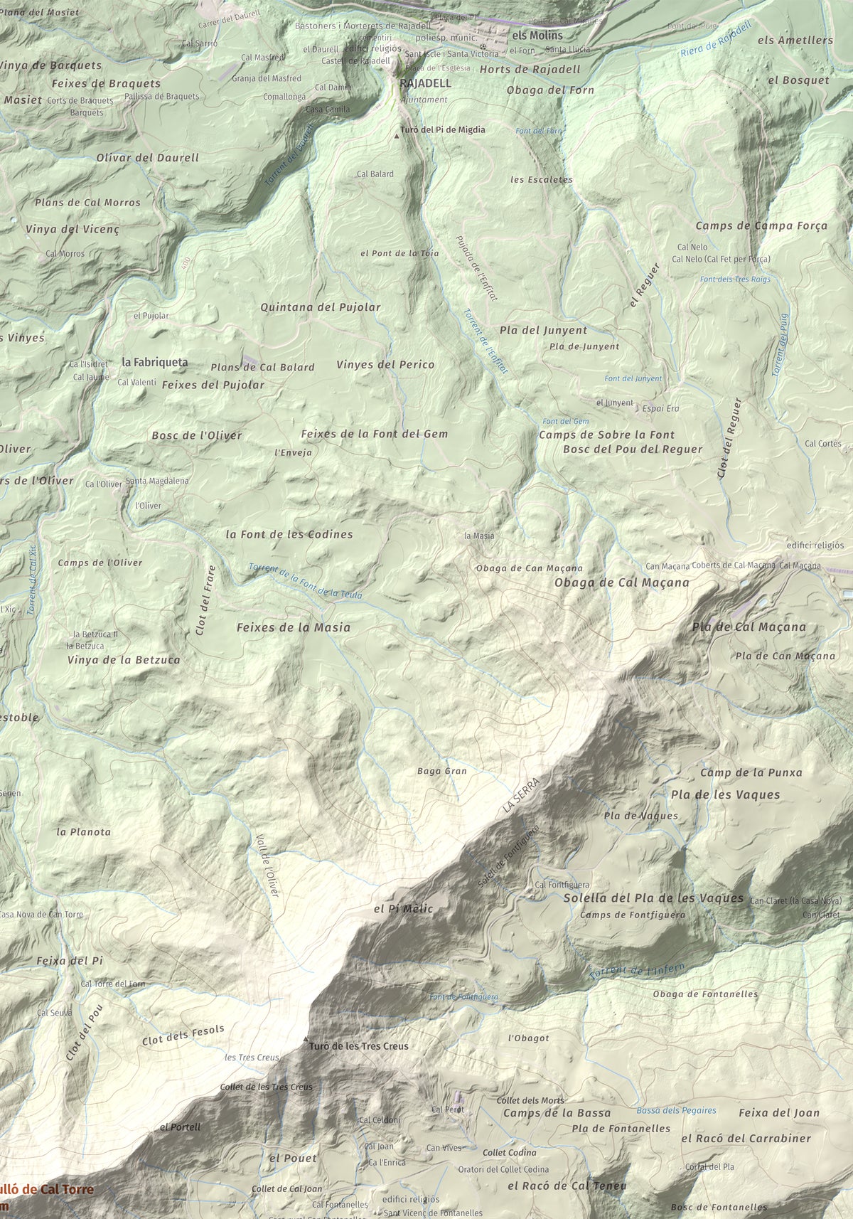 Mapa de relieve de Cogulló de Cal Torre, 881 m, Bages, lámina 100 Cims de Trobart. Detalle de la zona superior derecha. 70 × 100 cm.