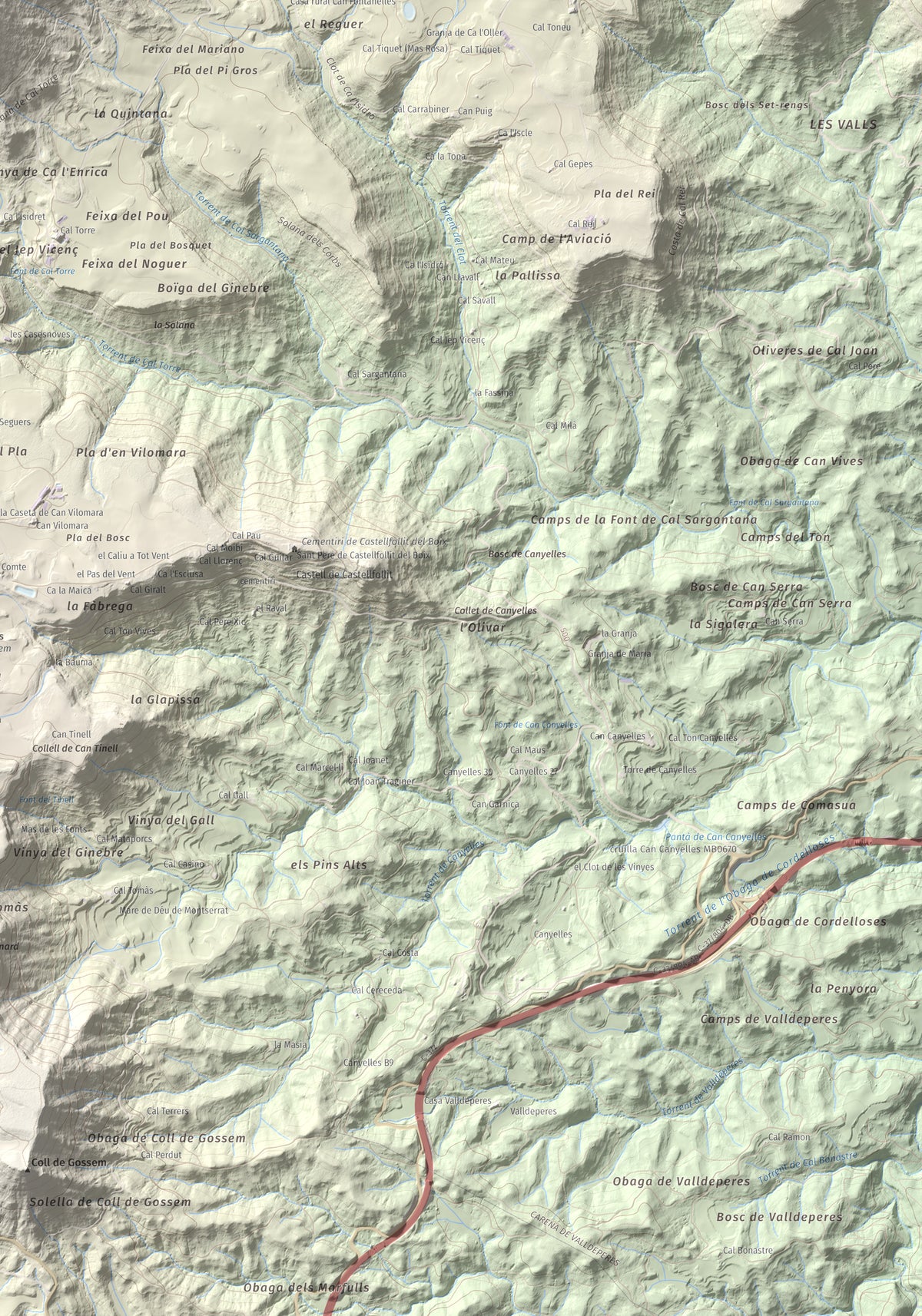 Mapa de relieve de Cogulló de Cal Torre, 881 m, Bages, lámina 100 Cims de Trobart. Detalle de la zona inferior derecha. 70 × 100 cm.