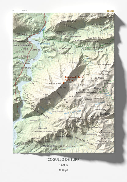 Mapa de relieve de Cogulló de Turp, 1621 m, Alt Urgell, lámina 100 Cims de Trobart 21 × 30 cm.