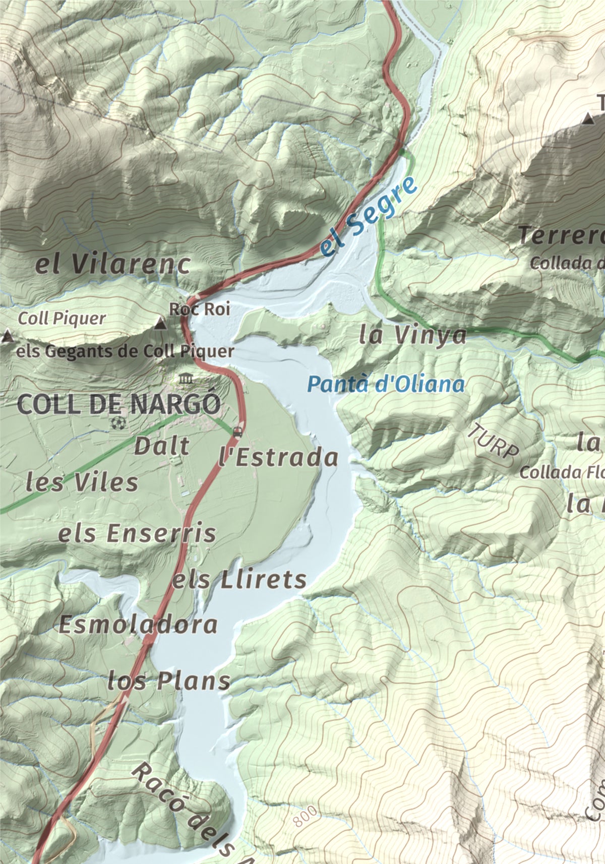 Mapa de relieve de Cogulló de Turp, 1621 m, Alt Urgell, lámina 100 Cims de Trobart. Detalle de la zona superior izquierda. 21 × 30 cm.