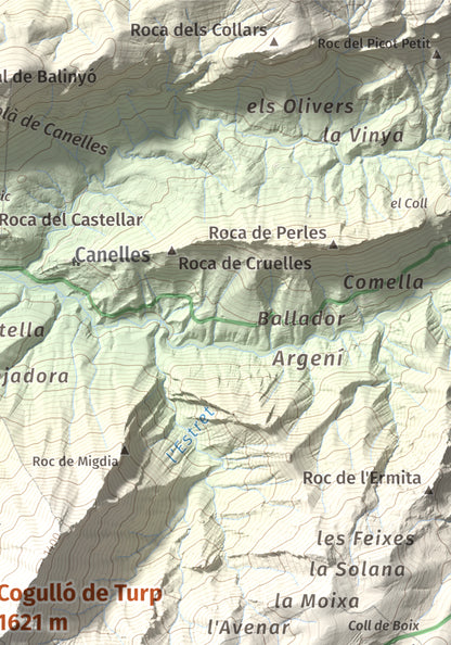Mapa de relieve de Cogulló de Turp, 1621 m, Alt Urgell, lámina 100 Cims de Trobart. Detalle de la zona superior derecha. 21 × 30 cm.