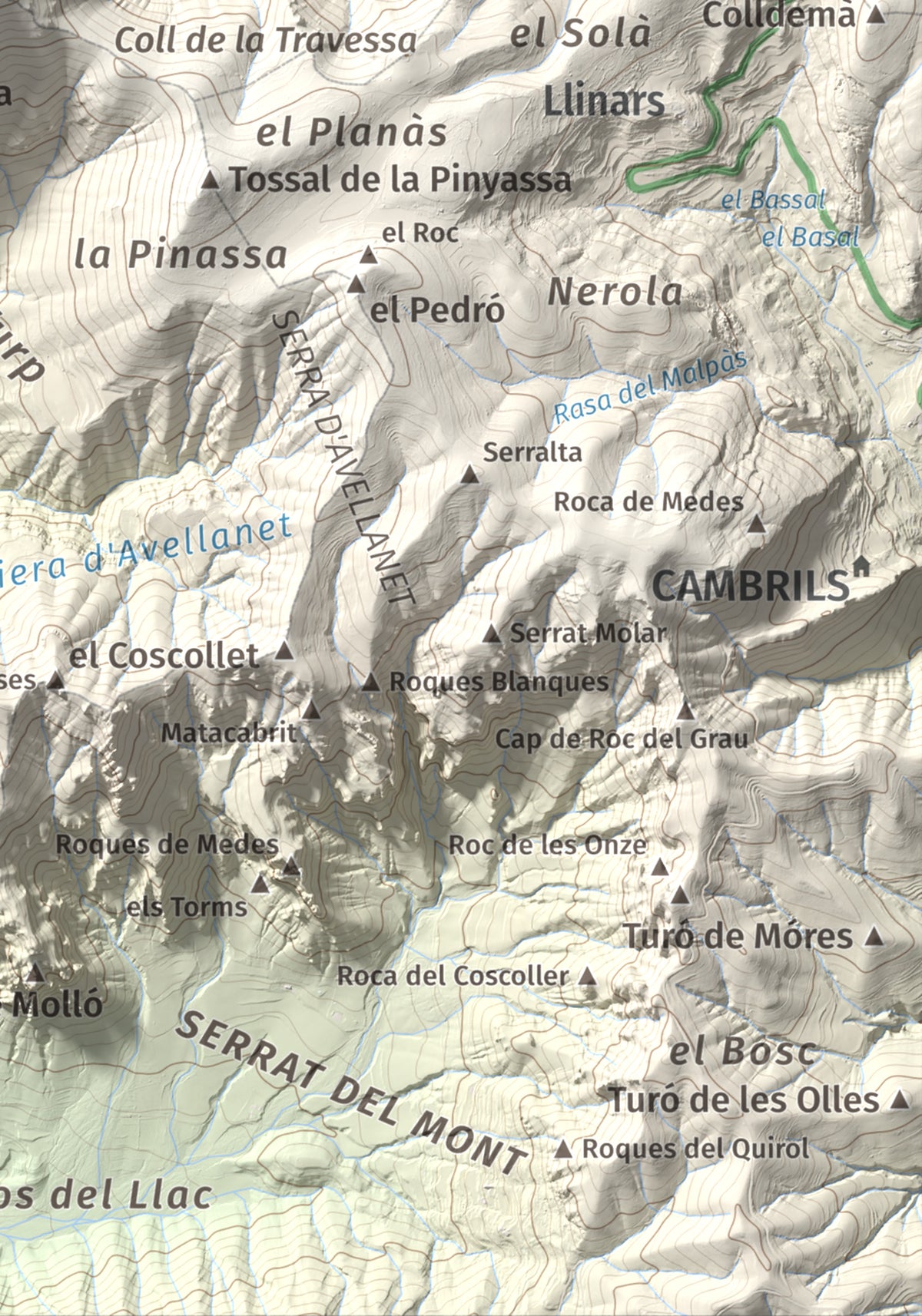 Mapa de relieve de Cogulló de Turp, 1621 m, Alt Urgell, lámina 100 Cims de Trobart. Detalle de la zona inferior derecha. 21 × 30 cm.