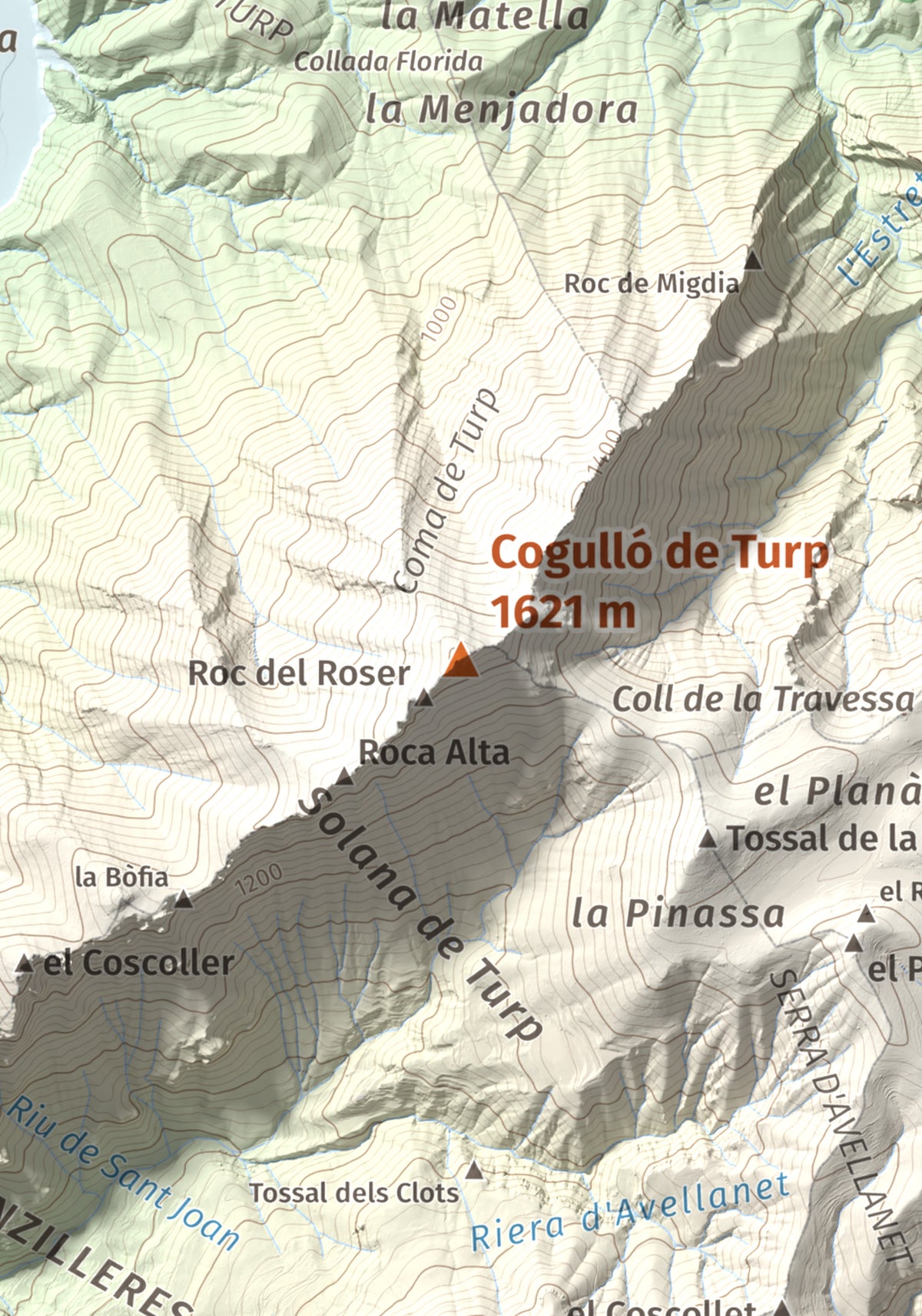 Mapa de relieve de Cogulló de Turp, 1621 m, Alt Urgell, lámina 100 Cims de Trobart. Detalle de la zona central. 21 × 30 cm.
