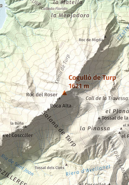 Mapa de relieve de Cogulló de Turp, 1621 m, Alt Urgell, lámina 100 Cims de Trobart. Detalle de la zona central. 21 × 30 cm.