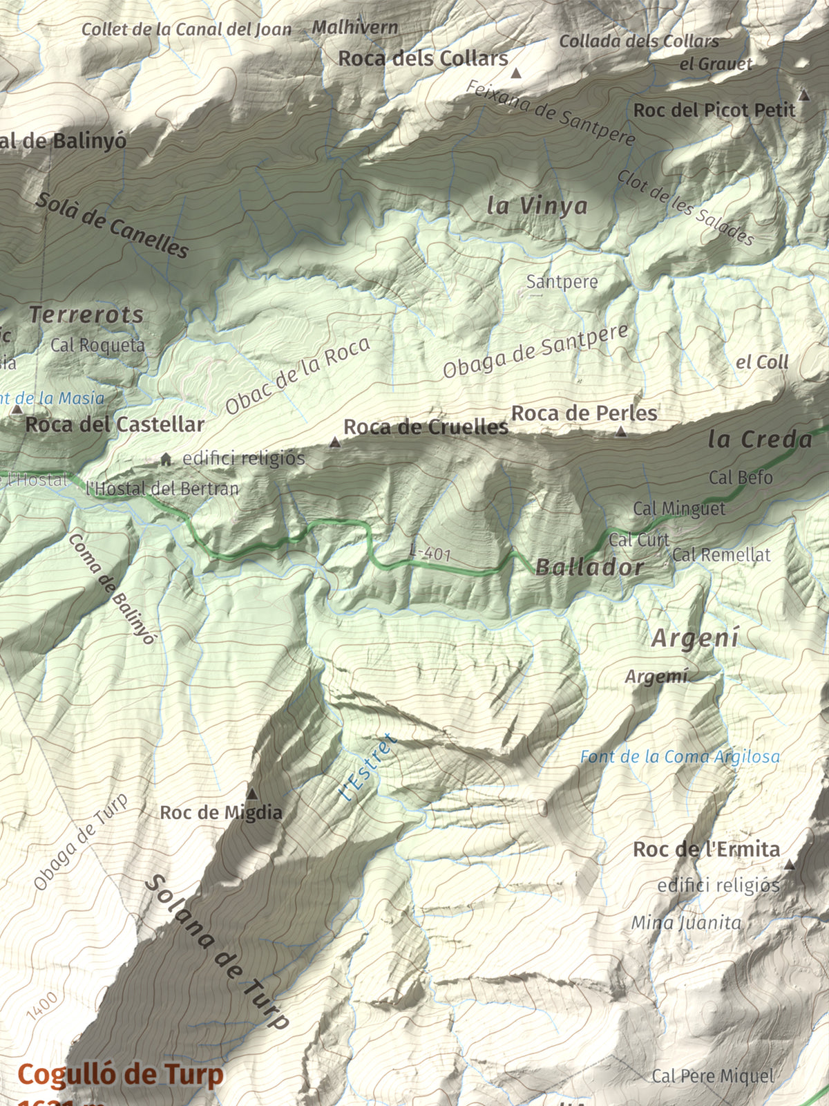 Mapa de relieve de Cogulló de Turp, 1621 m, Alt Urgell, lámina 100 Cims de Trobart. Detalle de la zona superior derecha. 30 × 40 cm.