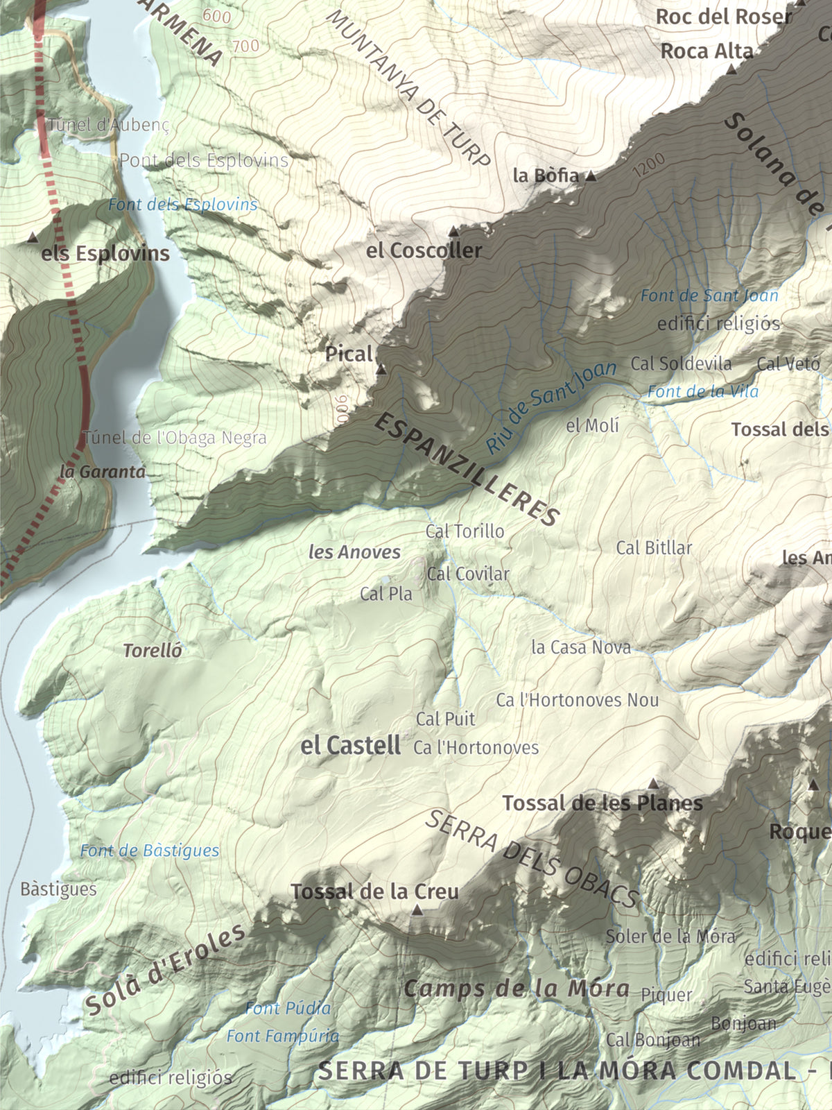 Mapa de relieve de Cogulló de Turp, 1621 m, Alt Urgell, lámina 100 Cims de Trobart. Detalle de la zona inferior izquierda. 30 × 40 cm.