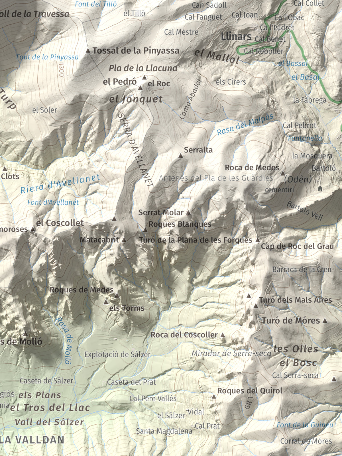 Mapa de relieve de Cogulló de Turp, 1621 m, Alt Urgell, lámina 100 Cims de Trobart. Detalle de la zona inferior derecha. 30 × 40 cm.