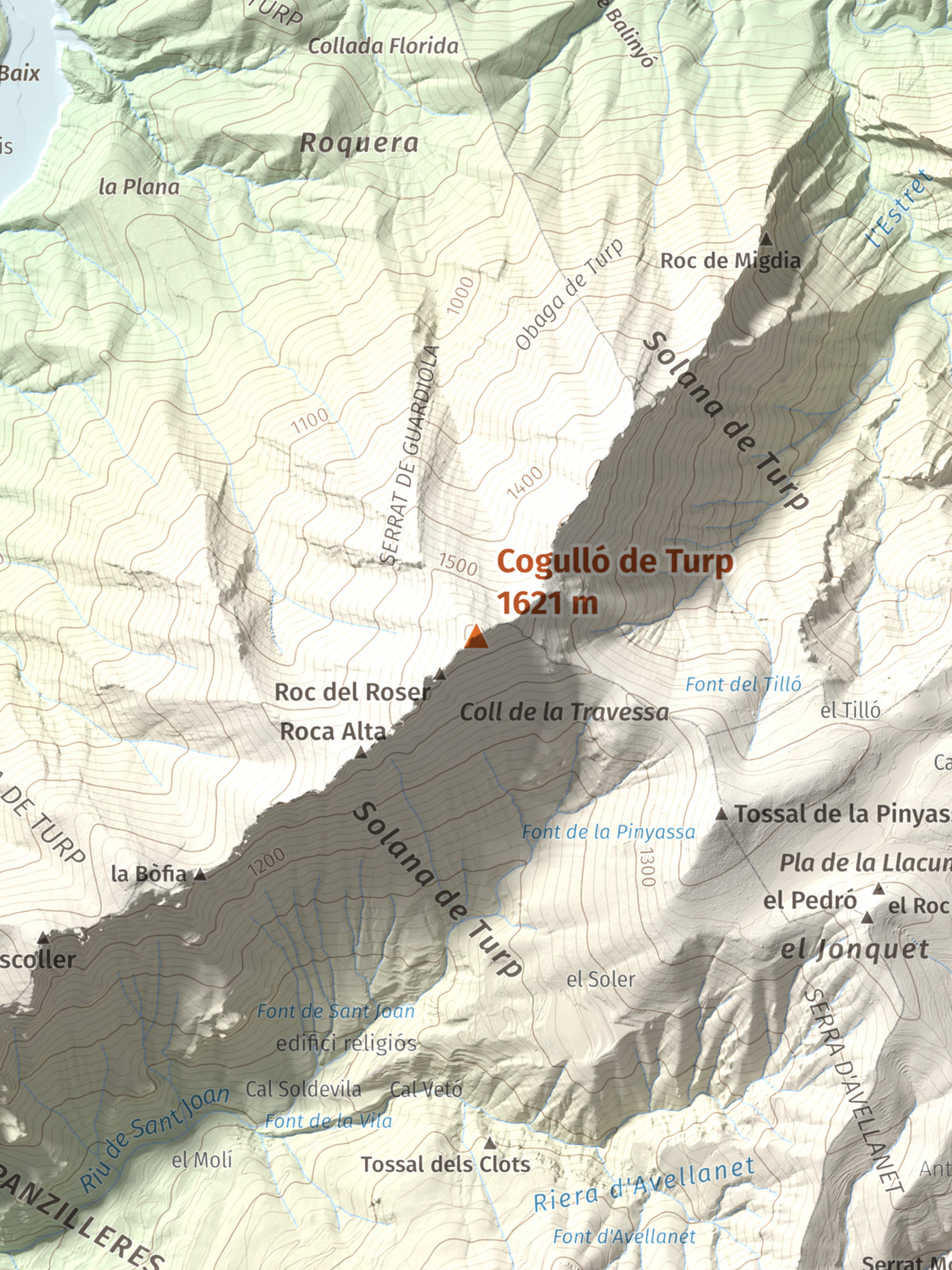 Mapa de relieve de Cogulló de Turp, 1621 m, Alt Urgell, lámina 100 Cims de Trobart. Detalle de la zona central. 30 × 40 cm.