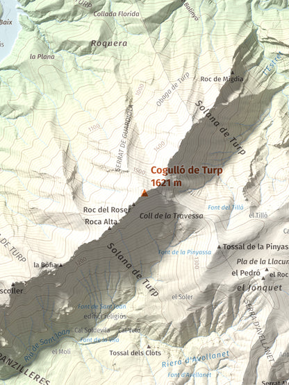 Mapa de relieve de Cogulló de Turp, 1621 m, Alt Urgell, lámina 100 Cims de Trobart. Detalle de la zona central. 30 × 40 cm.