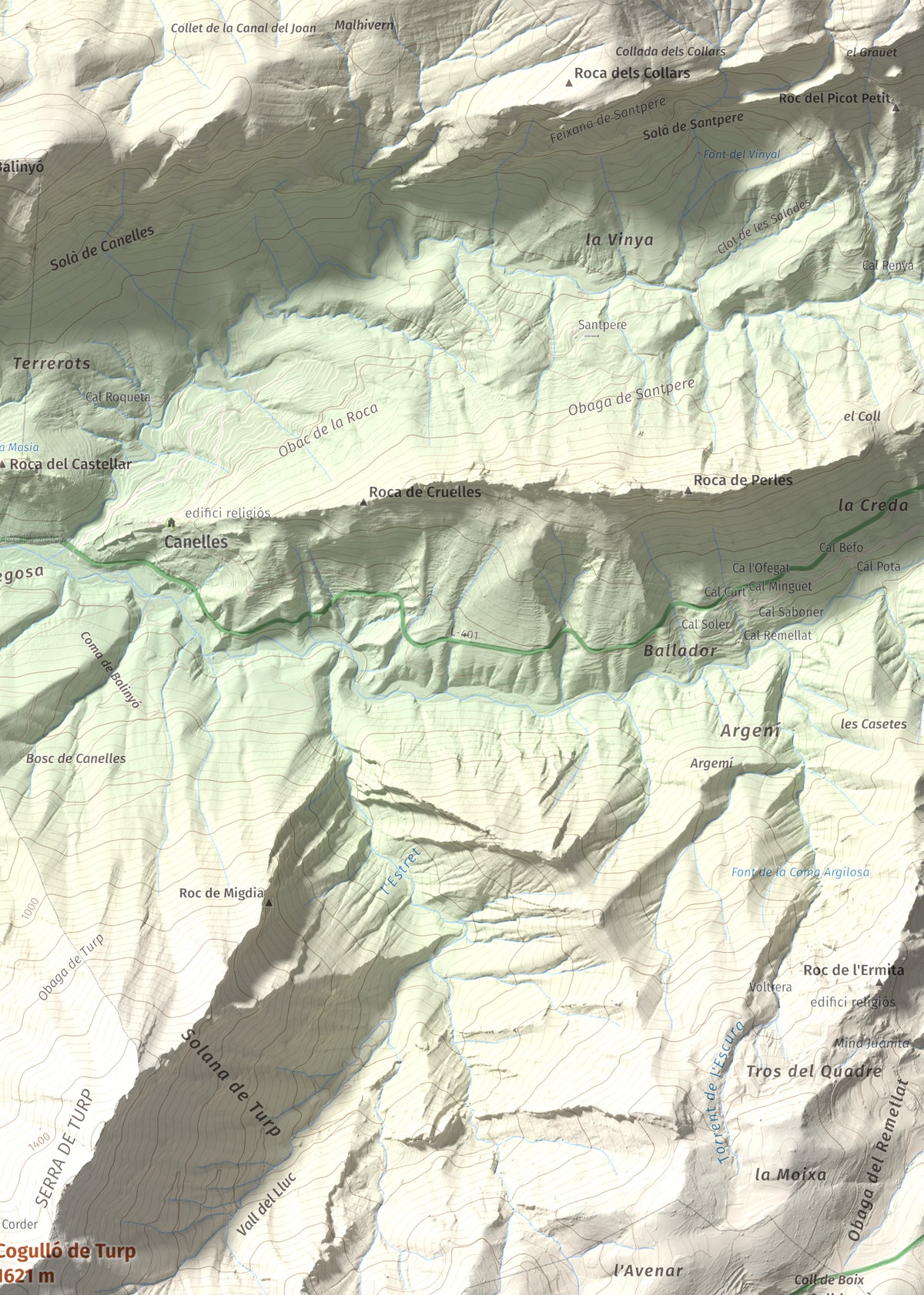 Mapa de relieve de Cogulló de Turp, 1621 m, Alt Urgell, lámina 100 Cims de Trobart. Detalle de la zona superior derecha. 50 × 70 cm.
