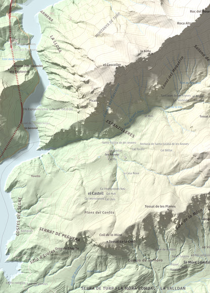 Mapa de relieve de Cogulló de Turp, 1621 m, Alt Urgell, lámina 100 Cims de Trobart. Detalle de la zona inferior izquierda. 50 × 70 cm.