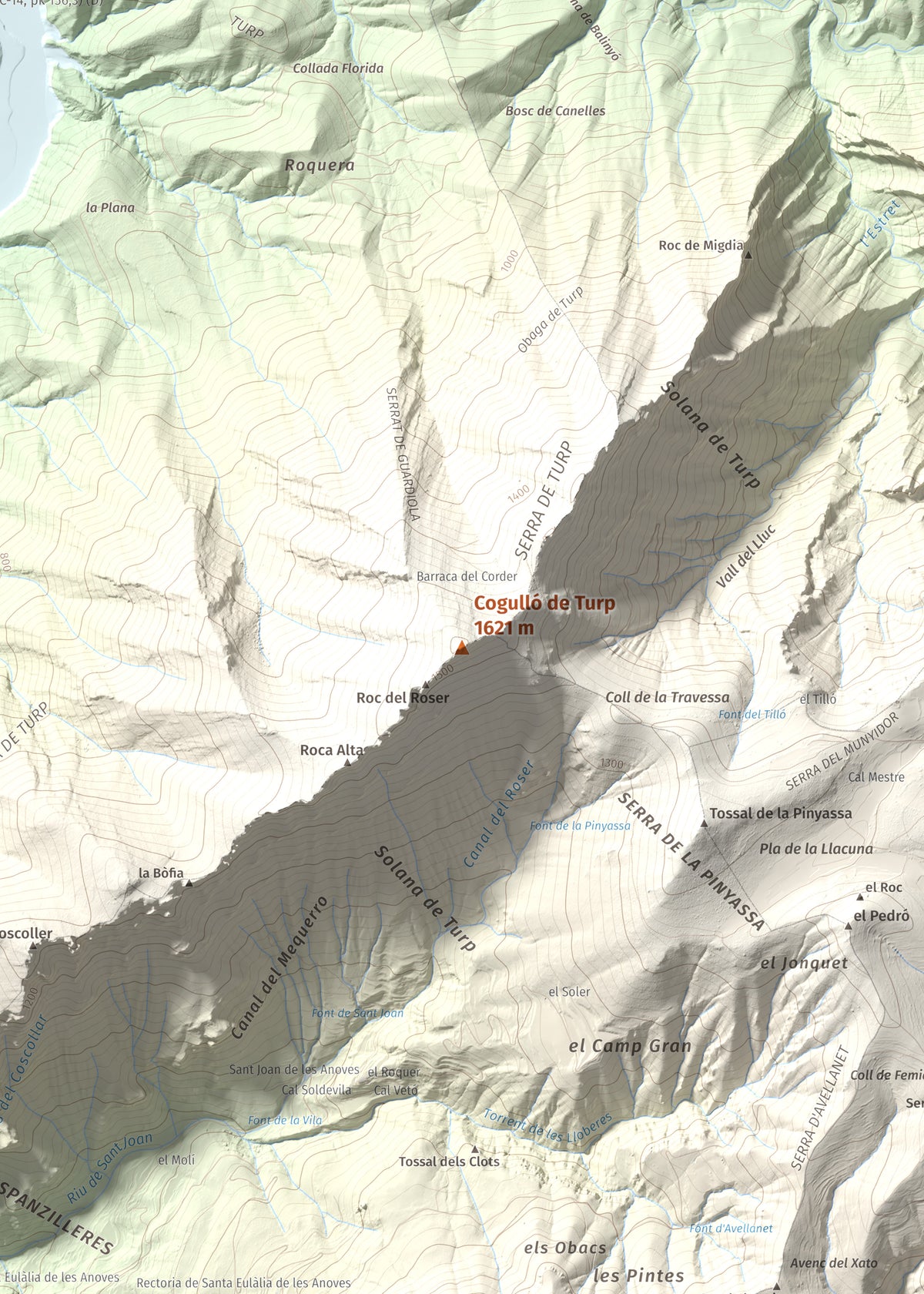 Mapa de relieve de Cogulló de Turp, 1621 m, Alt Urgell, lámina 100 Cims de Trobart. Detalle de la zona central. 50 × 70 cm.
