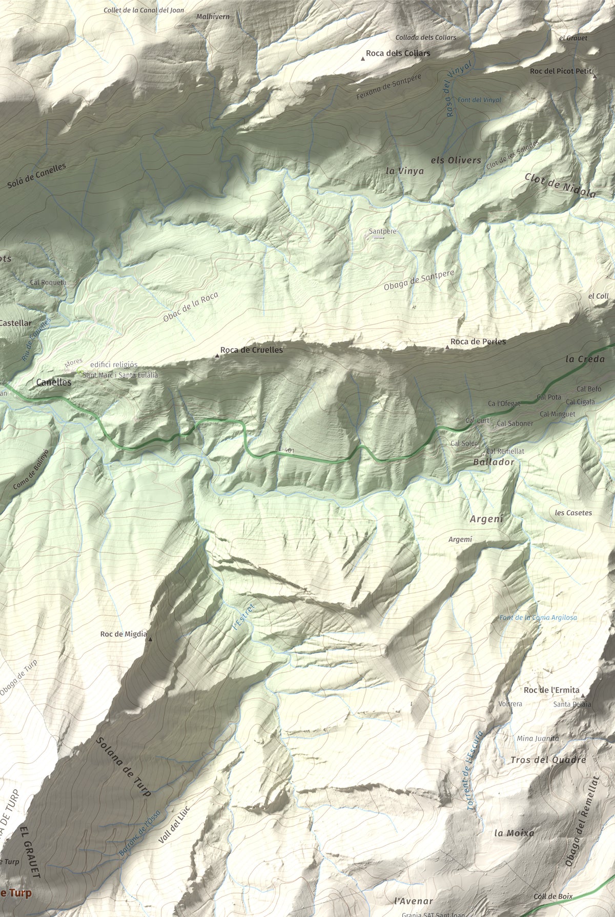 Mapa de relieve de Cogulló de Turp, 1621 m, Alt Urgell, lámina 100 Cims de Trobart. Detalle de la zona superior derecha. 61 × 91 cm.
