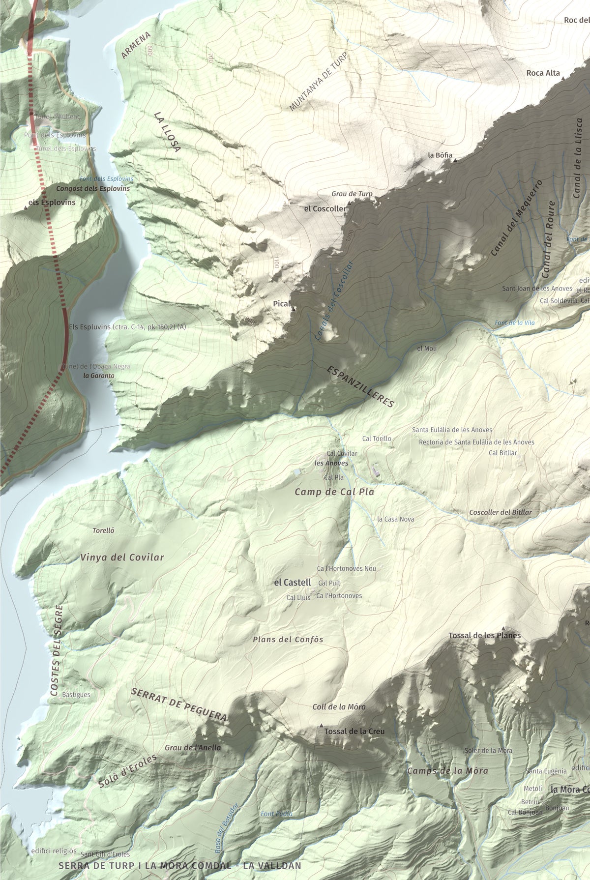Mapa de relieve de Cogulló de Turp, 1621 m, Alt Urgell, lámina 100 Cims de Trobart. Detalle de la zona inferior izquierda. 61 × 91 cm.