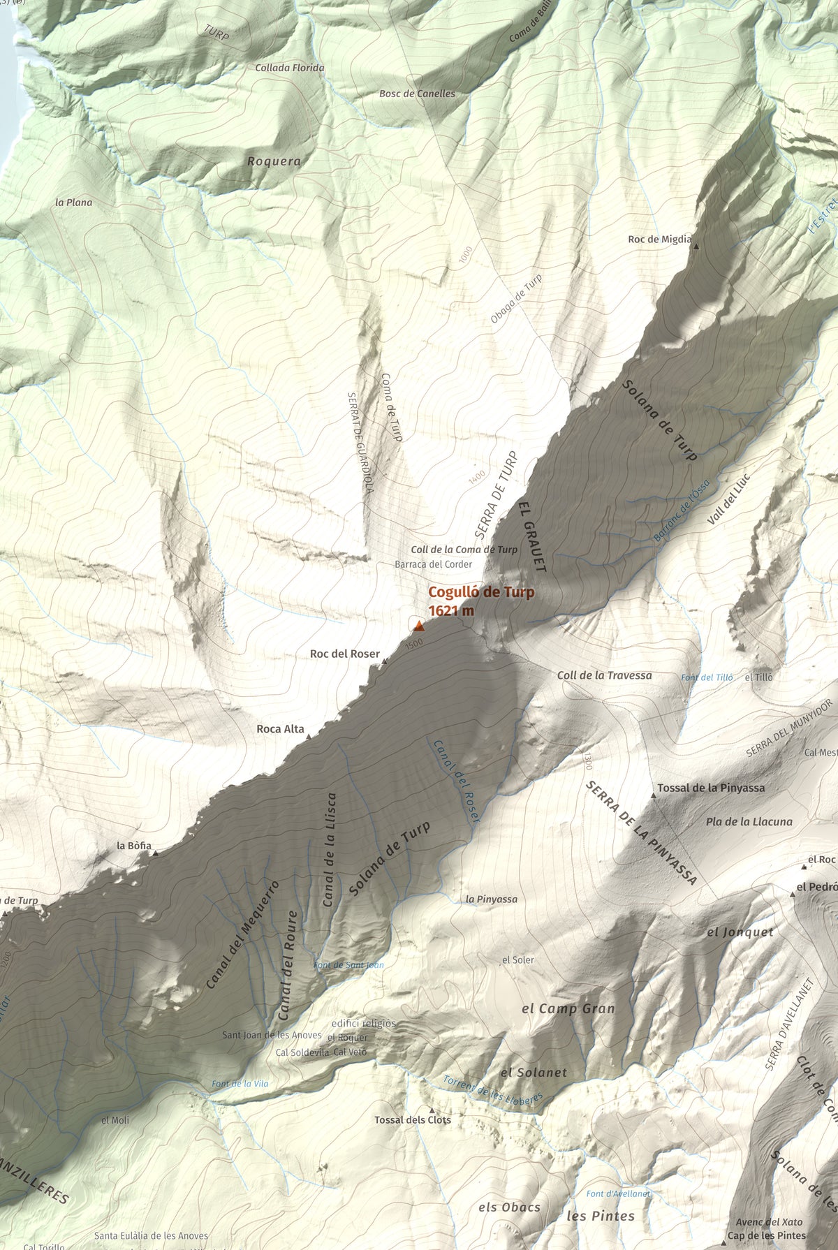 Mapa de relieve de Cogulló de Turp, 1621 m, Alt Urgell, lámina 100 Cims de Trobart. Detalle de la zona central. 61 × 91 cm.