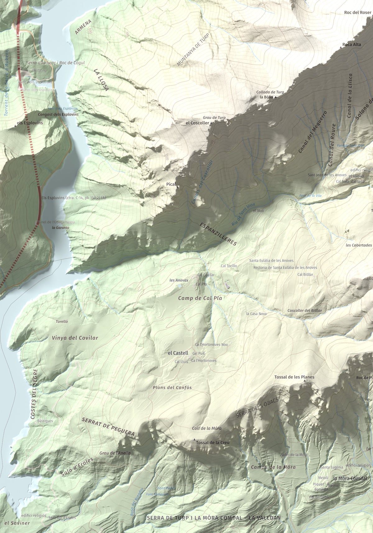 Mapa de relieve de Cogulló de Turp, 1621 m, Alt Urgell, lámina 100 Cims de Trobart. Detalle de la zona inferior izquierda. 70 × 100 cm.