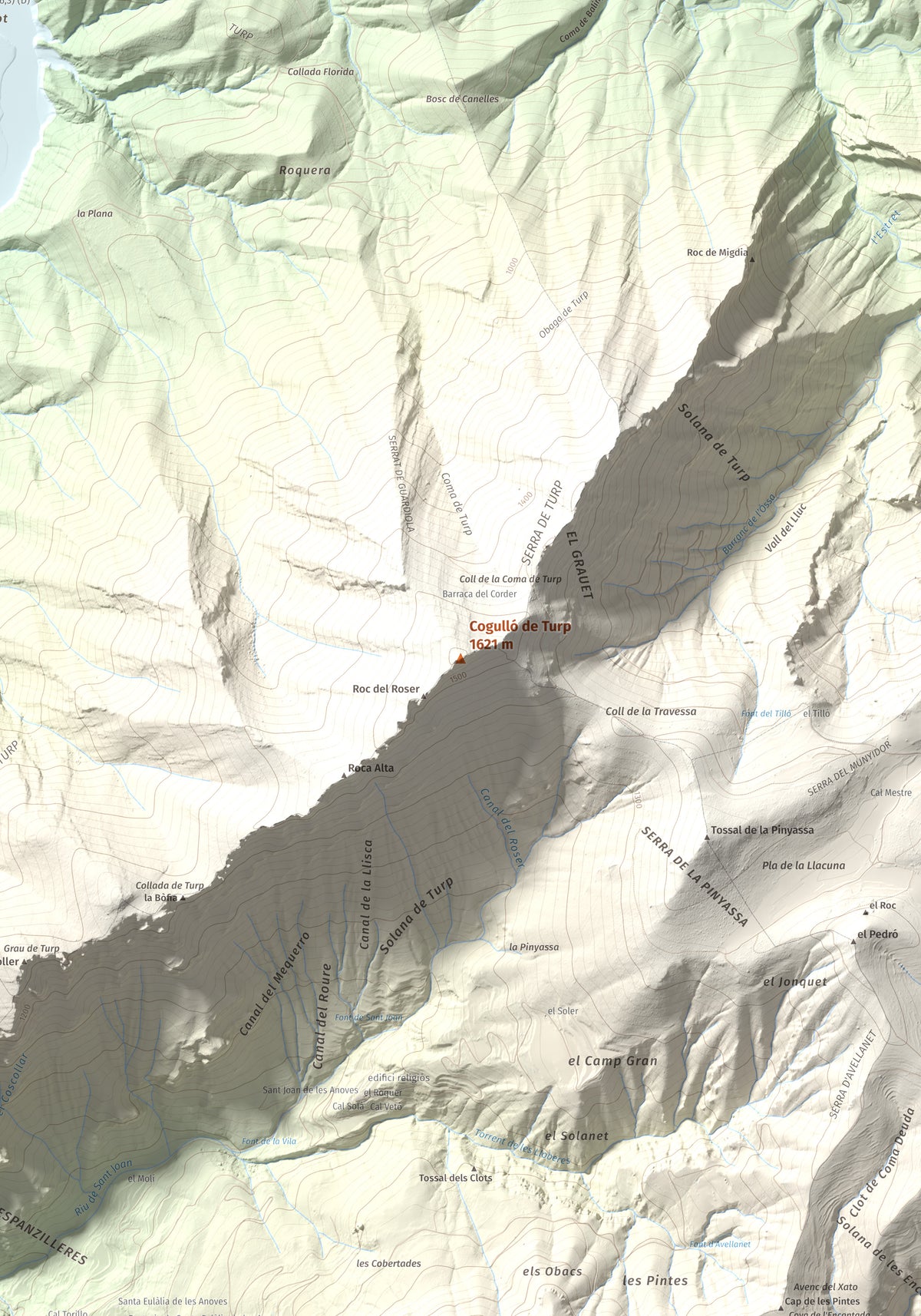 Mapa de relieve de Cogulló de Turp, 1621 m, Alt Urgell, lámina 100 Cims de Trobart. Detalle de la zona central. 70 × 100 cm.
