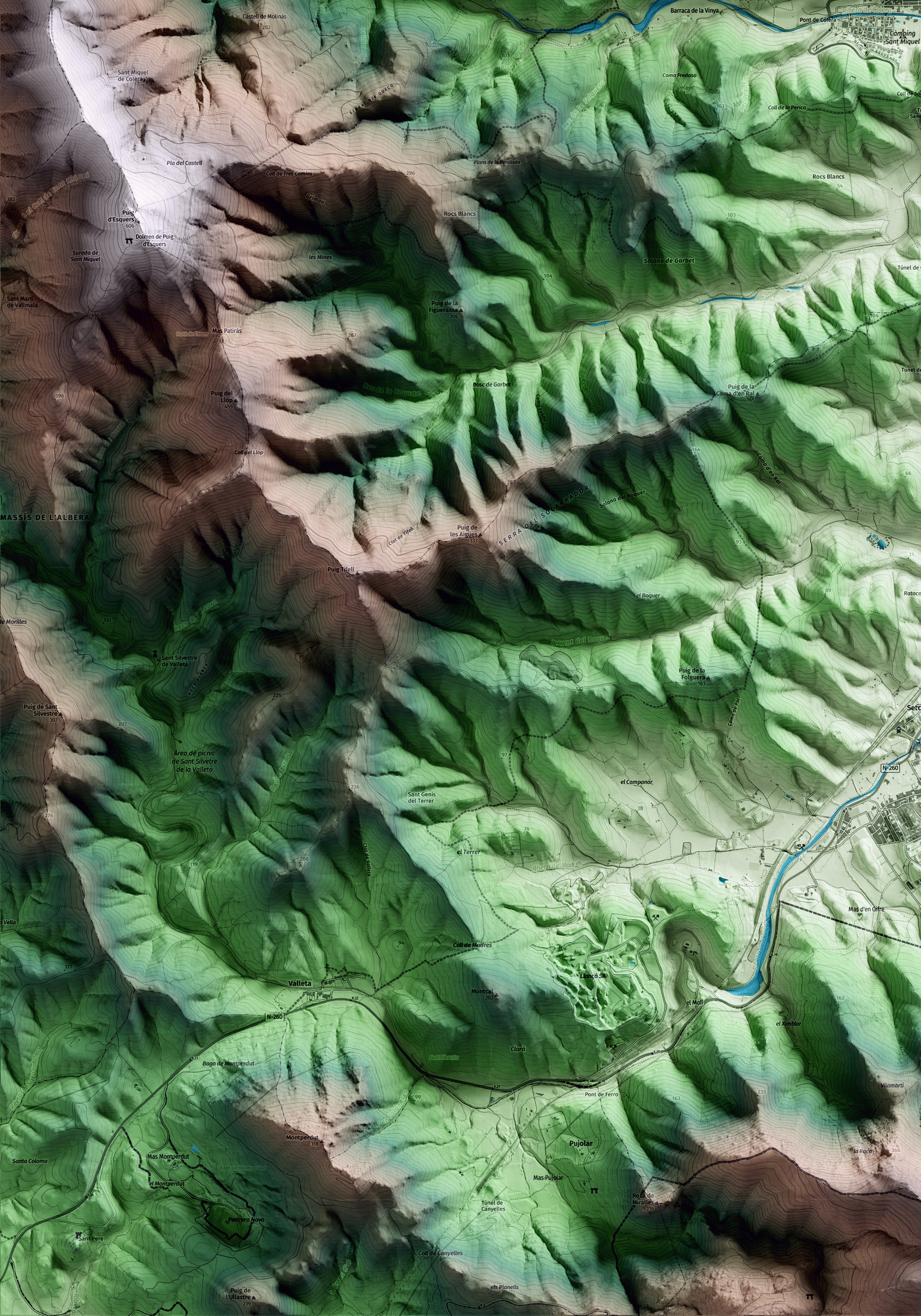 Mapa artístico del relieve de Colera, al Alt Empordà, con 15 km de entorno y base topográfica ICGC. Detalle de la zona inferior izquierda.