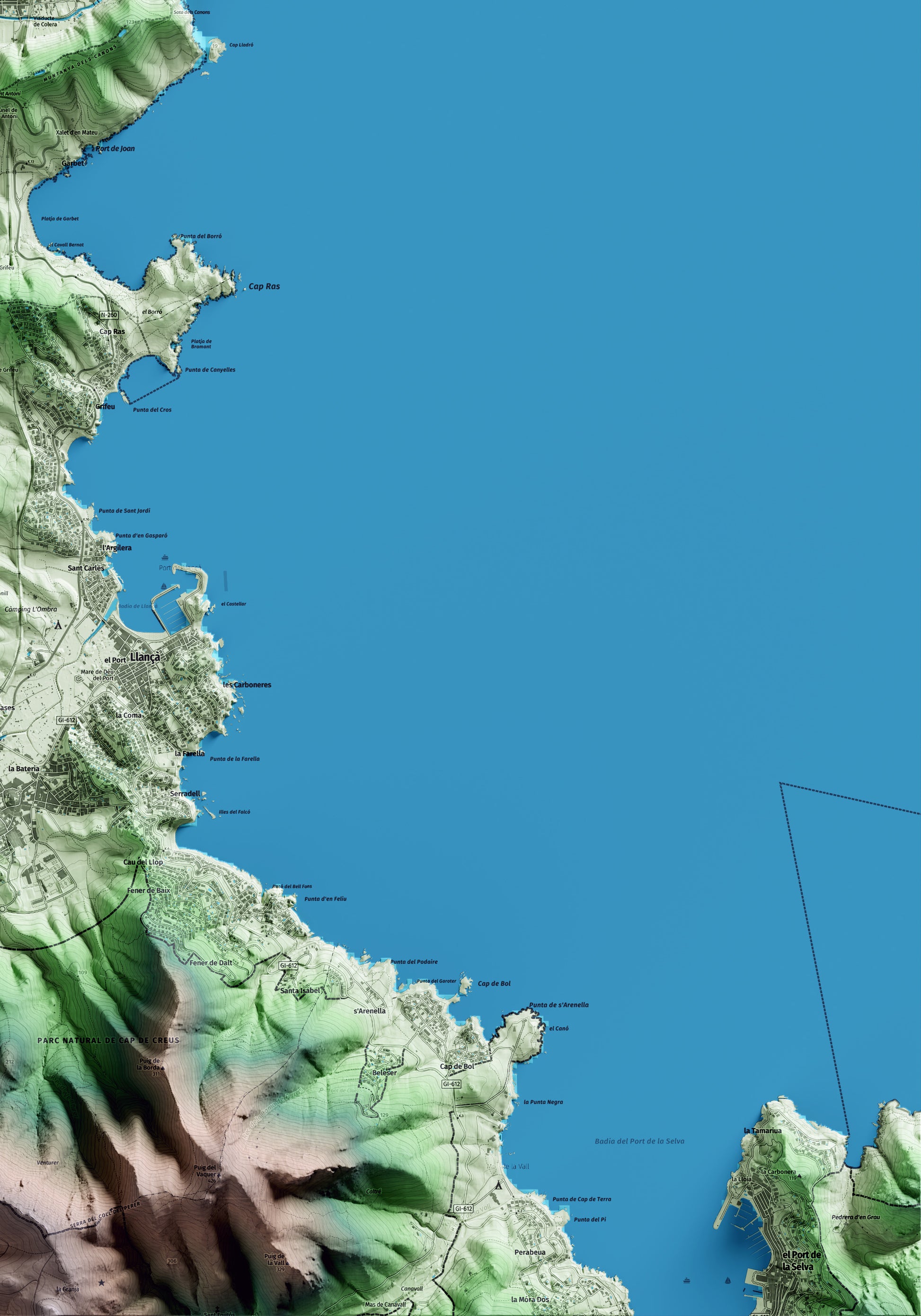Mapa artístico del relieve de Colera, al Alt Empordà, con 15 km de entorno y base topográfica ICGC. Detalle de la zona inferior derecha.