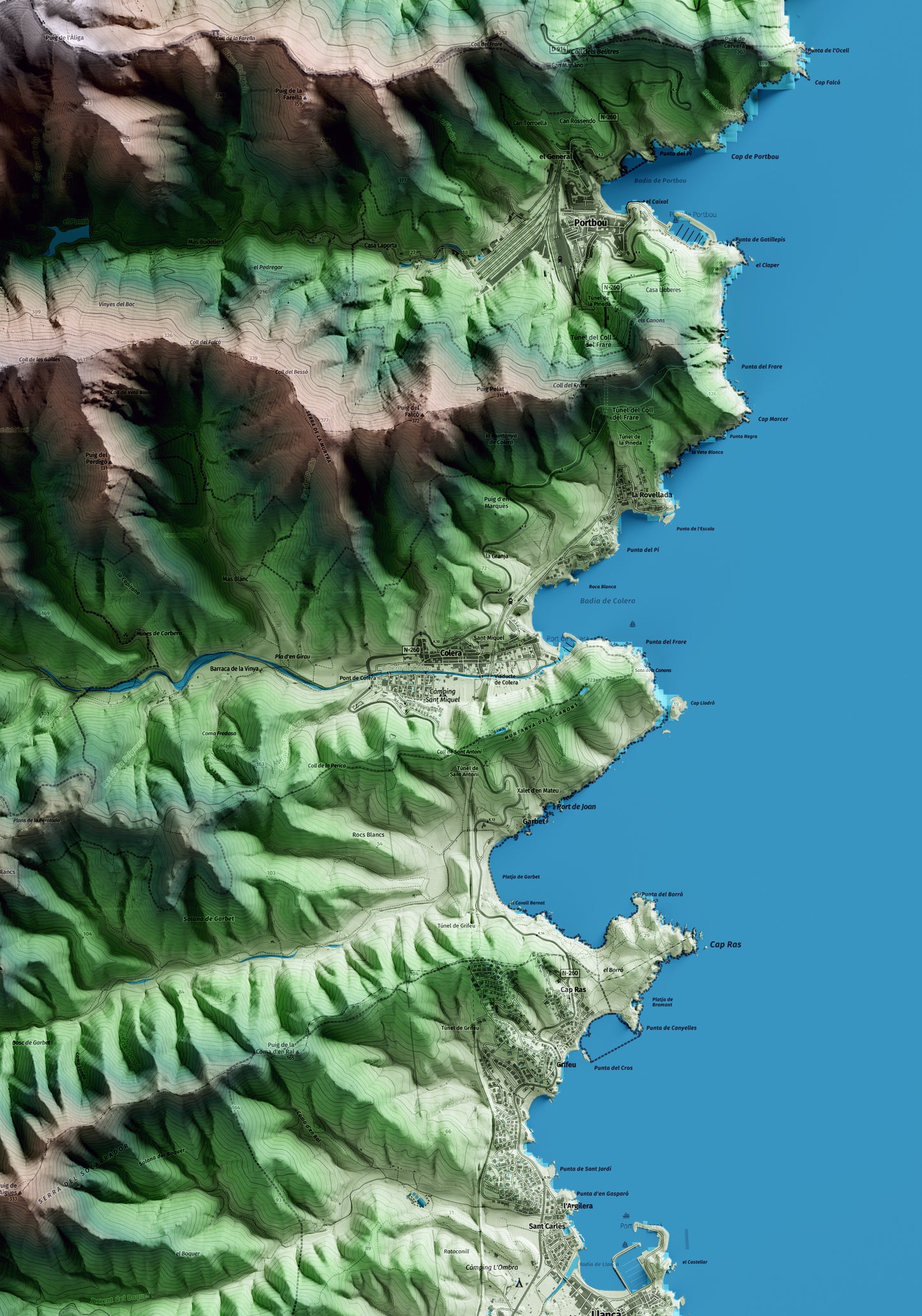 Mapa artístico del relieve de Colera, al Alt Empordà, con 15 km de entorno y base topográfica ICGC. Detalle de la zona central.