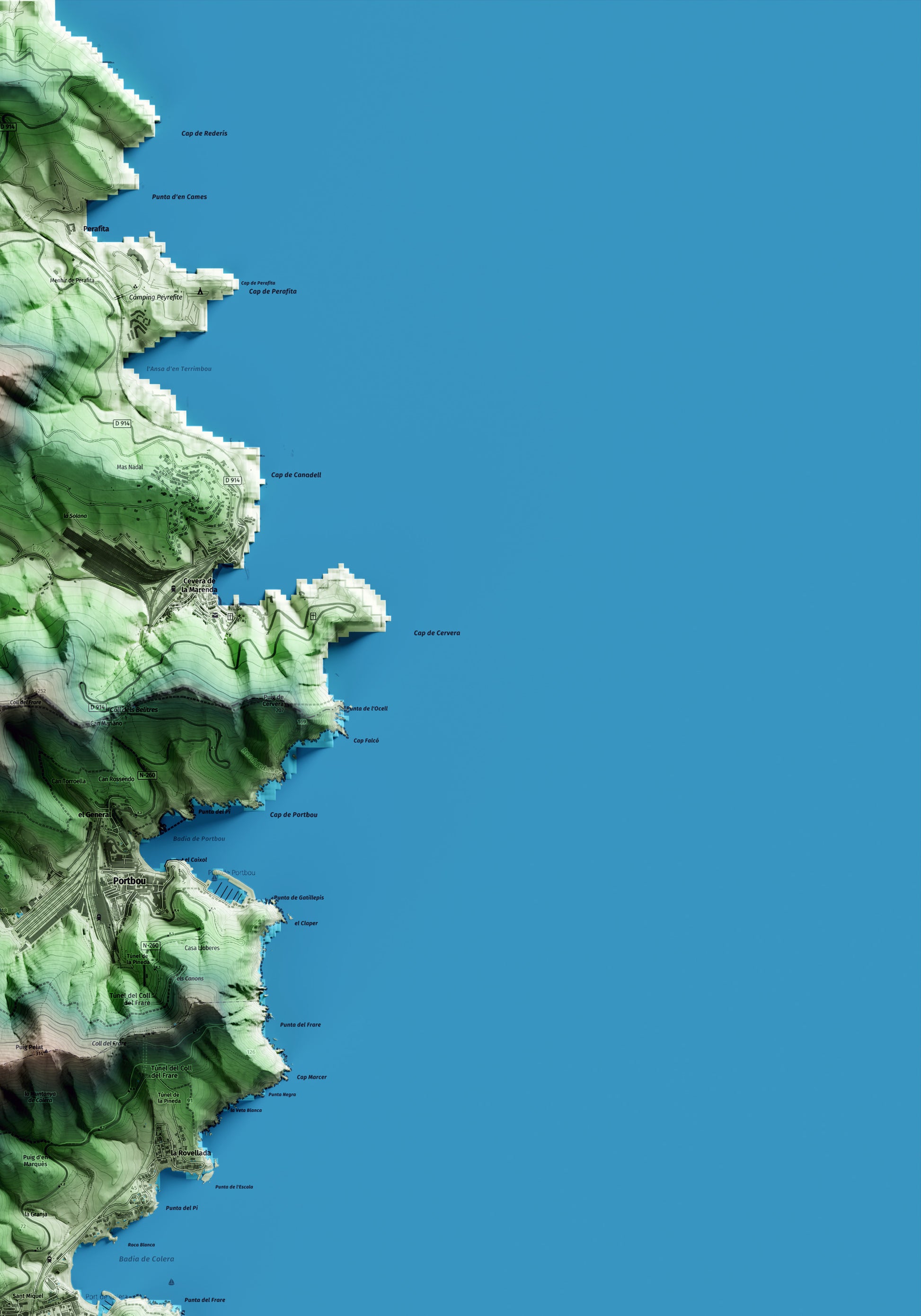 Mapa artístico del relieve de Colera, al Alt Empordà, con 15 km de entorno y base topográfica ICGC. Detalle de la zona superior derecha.
