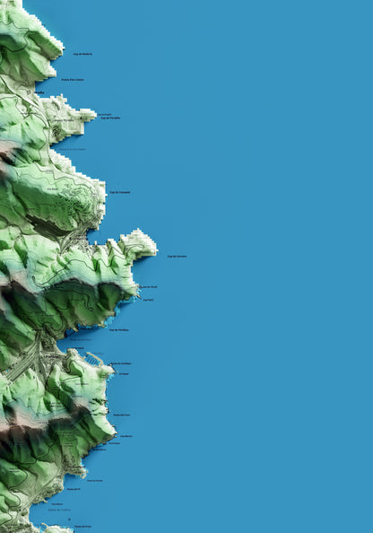 Mapa artístico del relieve de Colera, al Alt Empordà, con 15 km de entorno y base topográfica ICGC. Detalle de la zona superior derecha.