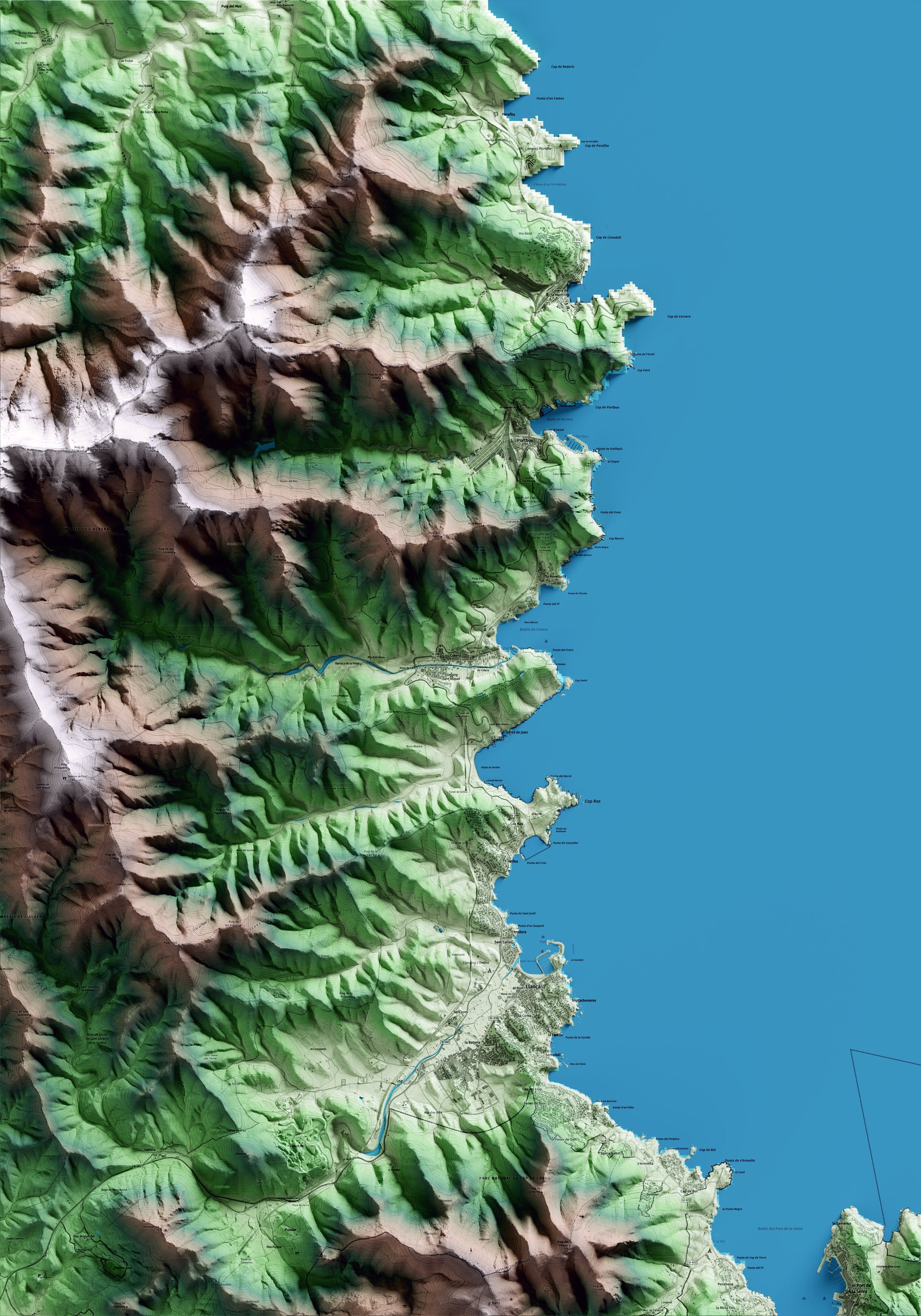 Mapa artístico del relieve de Colera, al Alt Empordà, con 15 km de entorno y base topográfica ICGC