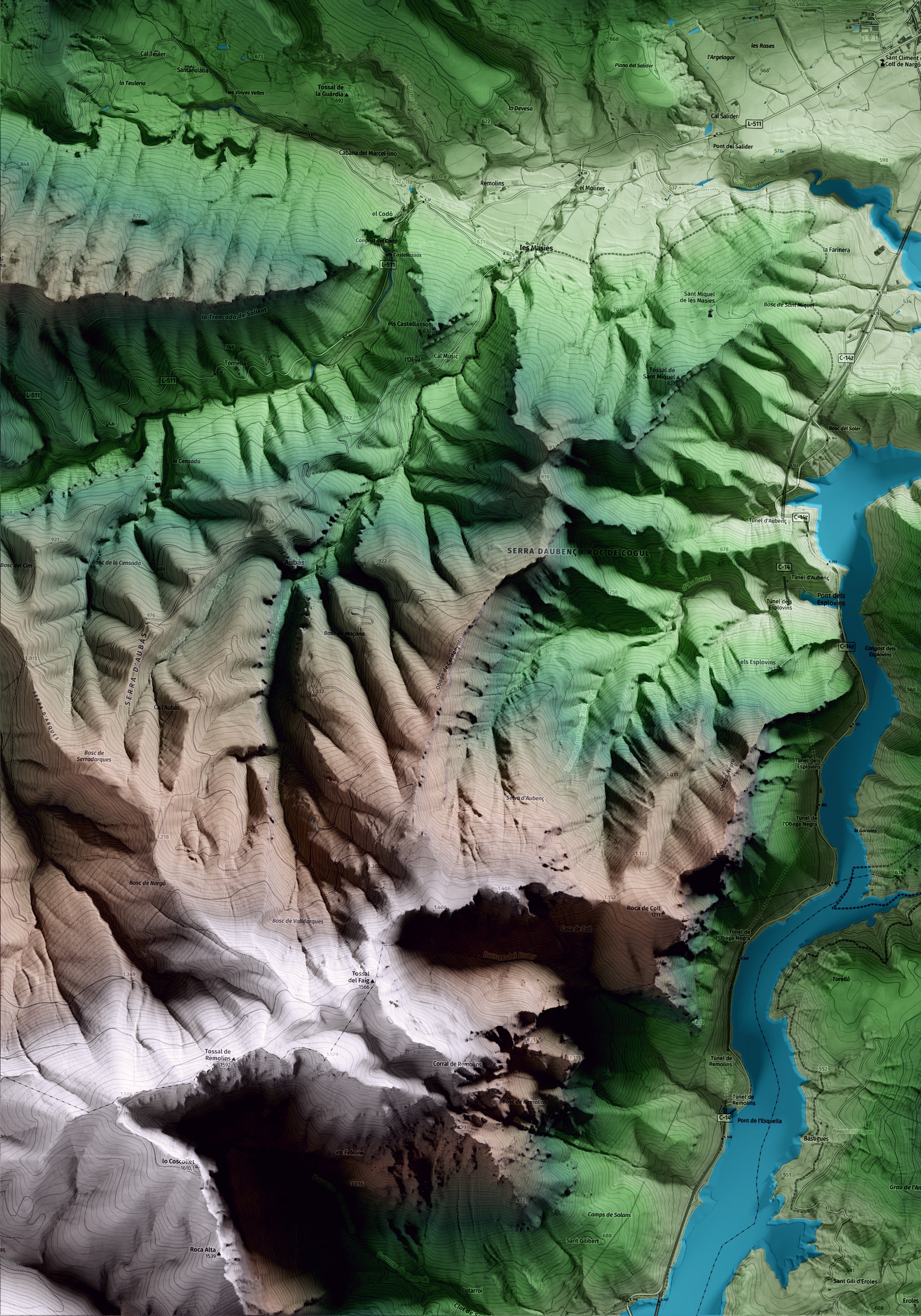 Mapa artístico del relieve de Coll de Nargó, al Alt Urgell, con 15 km de entorno y base topográfica ICGC. Detalle de la zona inferior izquierda.