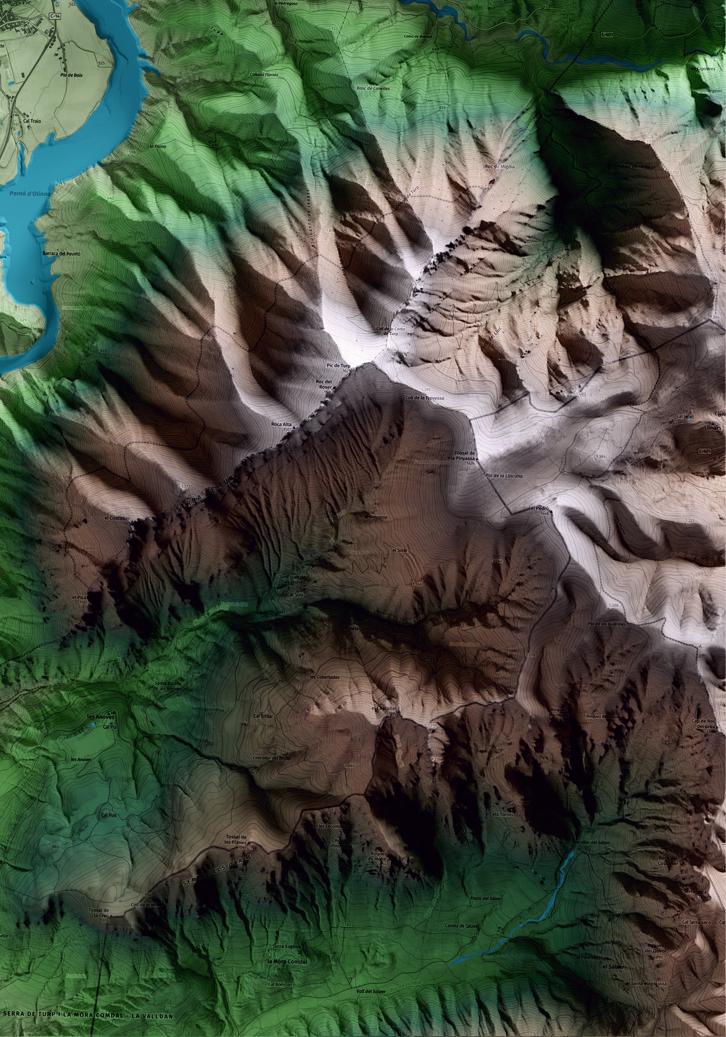 Mapa artístico del relieve de Coll de Nargó, al Alt Urgell, con 15 km de entorno y base topográfica ICGC. Detalle de la zona inferior derecha.