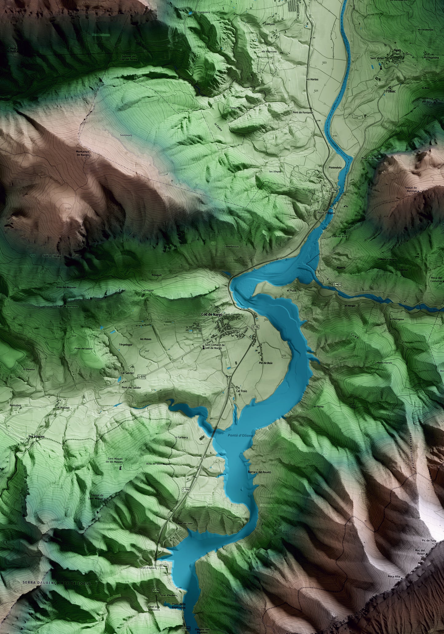 Mapa artístico del relieve de Coll de Nargó, al Alt Urgell, con 15 km de entorno y base topográfica ICGC. Detalle de la zona central.