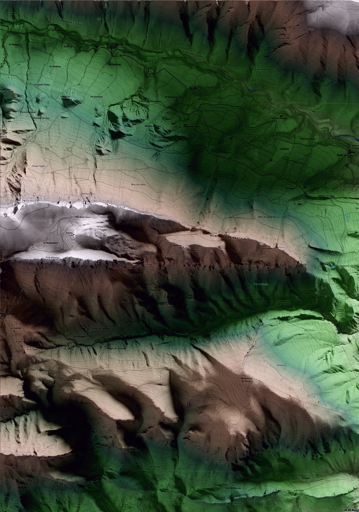 Mapa artístico del relieve de Coll de Nargó, al Alt Urgell, con 15 km de entorno y base topográfica ICGC. Detalle de la zona superior izquierda.