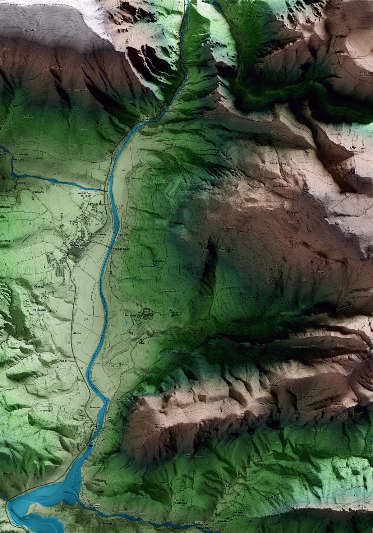 Mapa artístico del relieve de Coll de Nargó, al Alt Urgell, con 15 km de entorno y base topográfica ICGC. Detalle de la zona superior derecha.