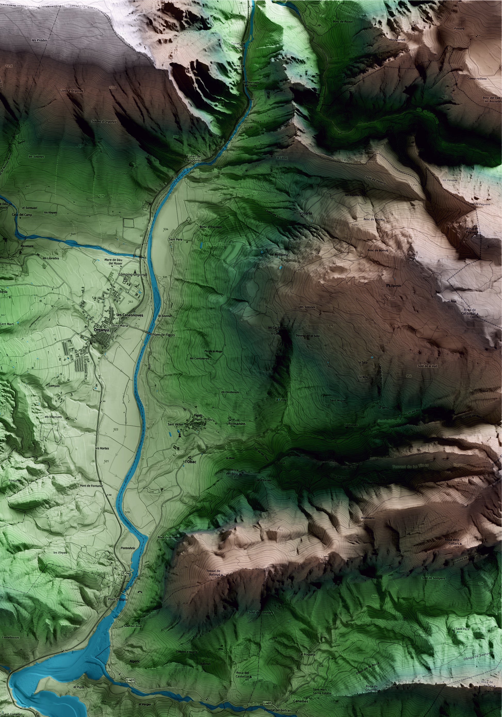 Mapa artístico del relieve de Coll de Nargó, al Alt Urgell, con 15 km de entorno y base topográfica ICGC. Detalle de la zona superior derecha.