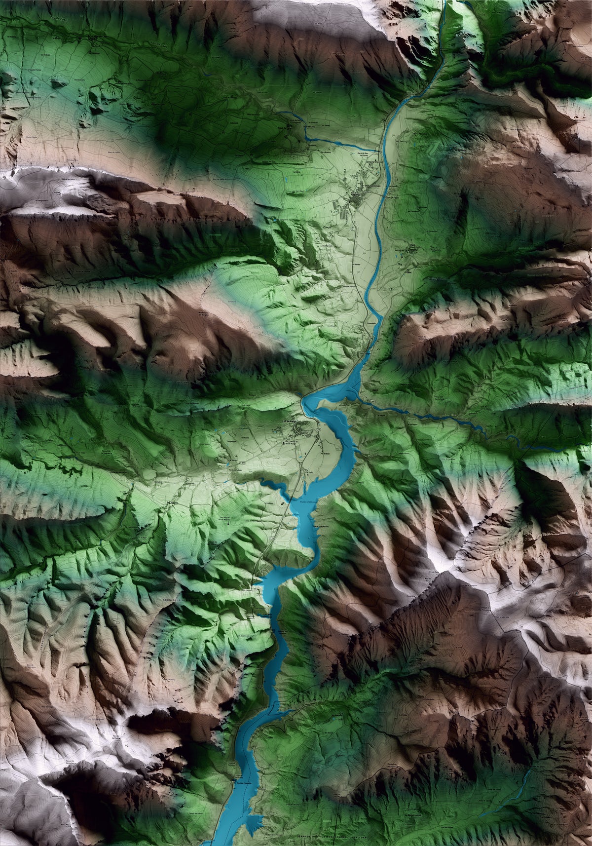 Mapa artístico del relieve de Coll de Nargó, al Alt Urgell, con 15 km de entorno y base topográfica ICGC