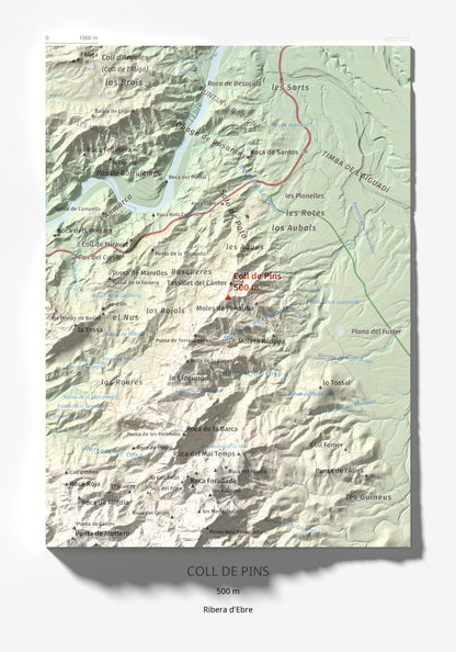 Mapa de relieve de Coll de Pins, 500 m, Ribera d'Ebre, lámina 100 Cims de Trobart 21 × 30 cm.