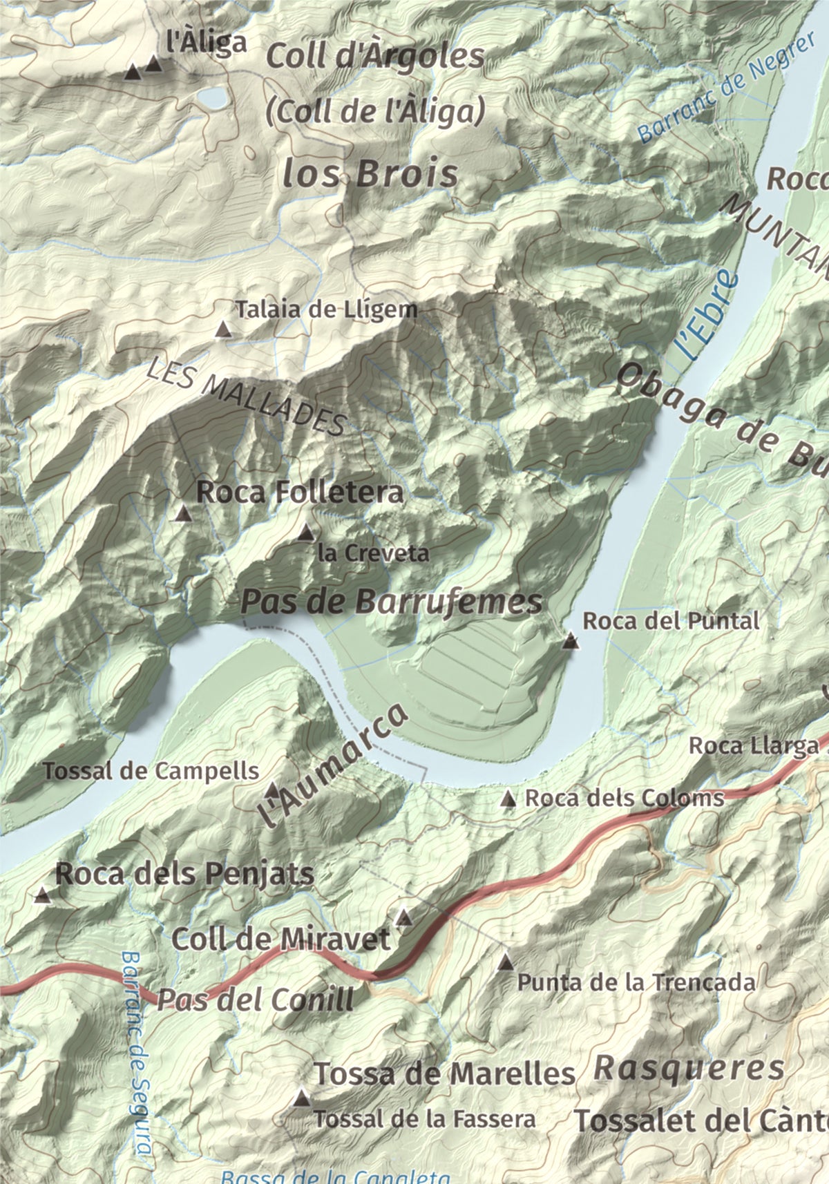 Mapa de relieve de Coll de Pins, 500 m, Ribera d'Ebre, lámina 100 Cims de Trobart. Detalle de la zona superior izquierda. 21 × 30 cm.